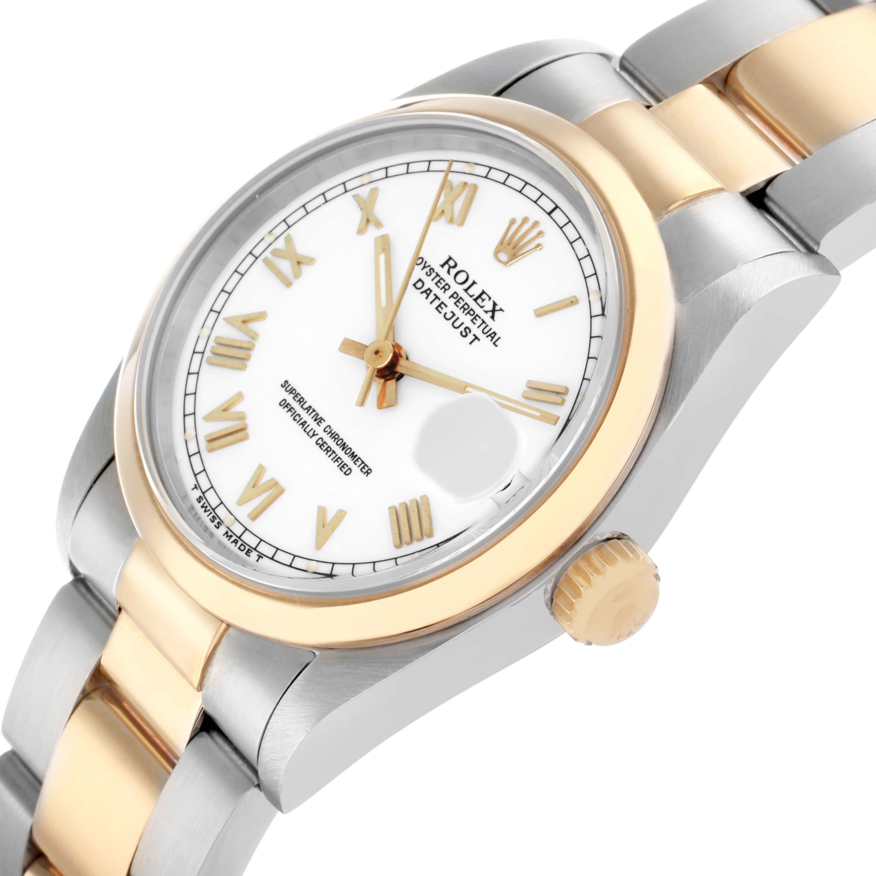 The Rolex Datejust 68243 Women
s Steel and Gold (two tone) White Dial model is shown at an angle highlighting the face, bezel, crown, and part of the bracelet.