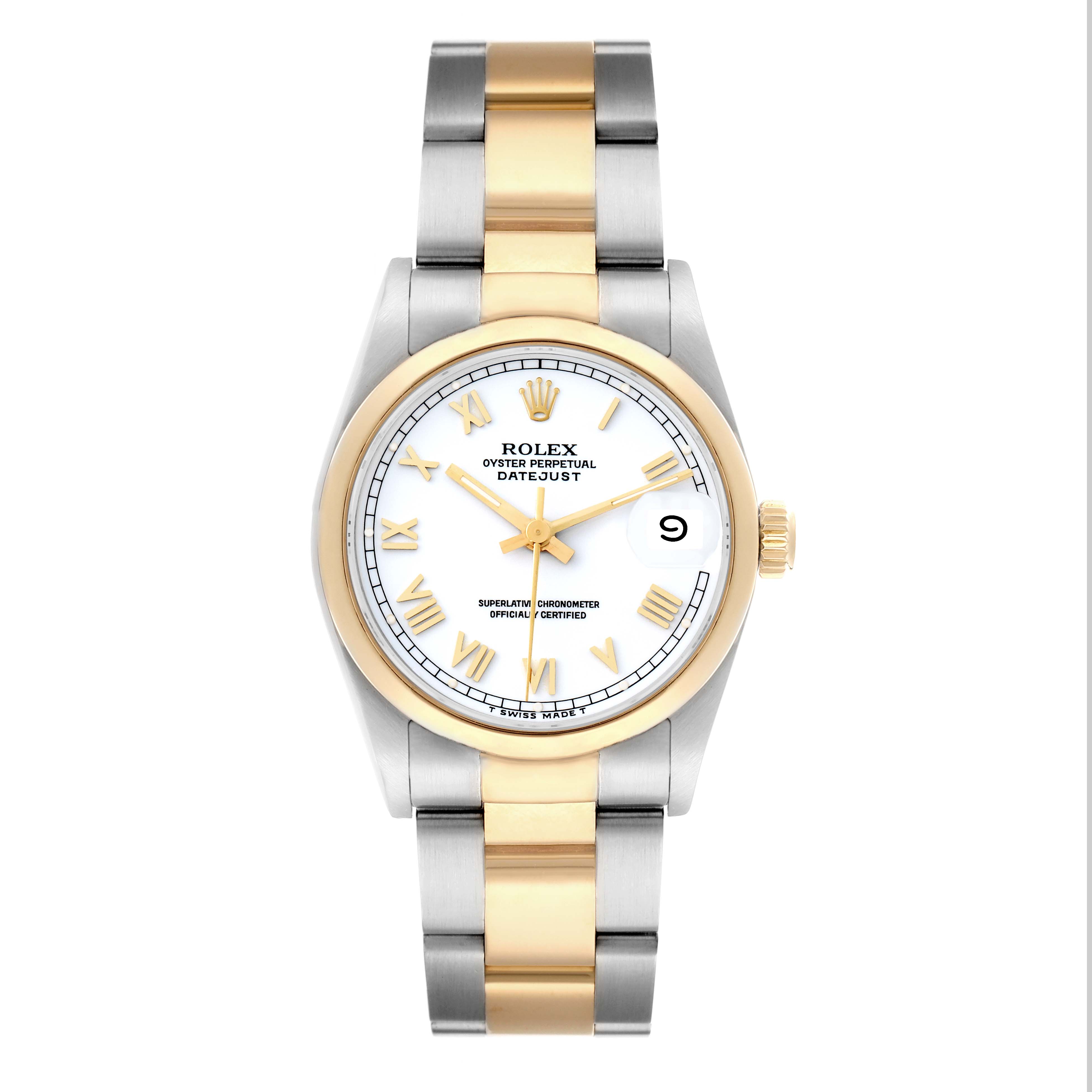 The Rolex Datejust 68243 Women
s Steel and Gold (two tone) White Dial watch is shown from a top-down angle, highlighting the dial, bezel, case, bracelet, and clasp.