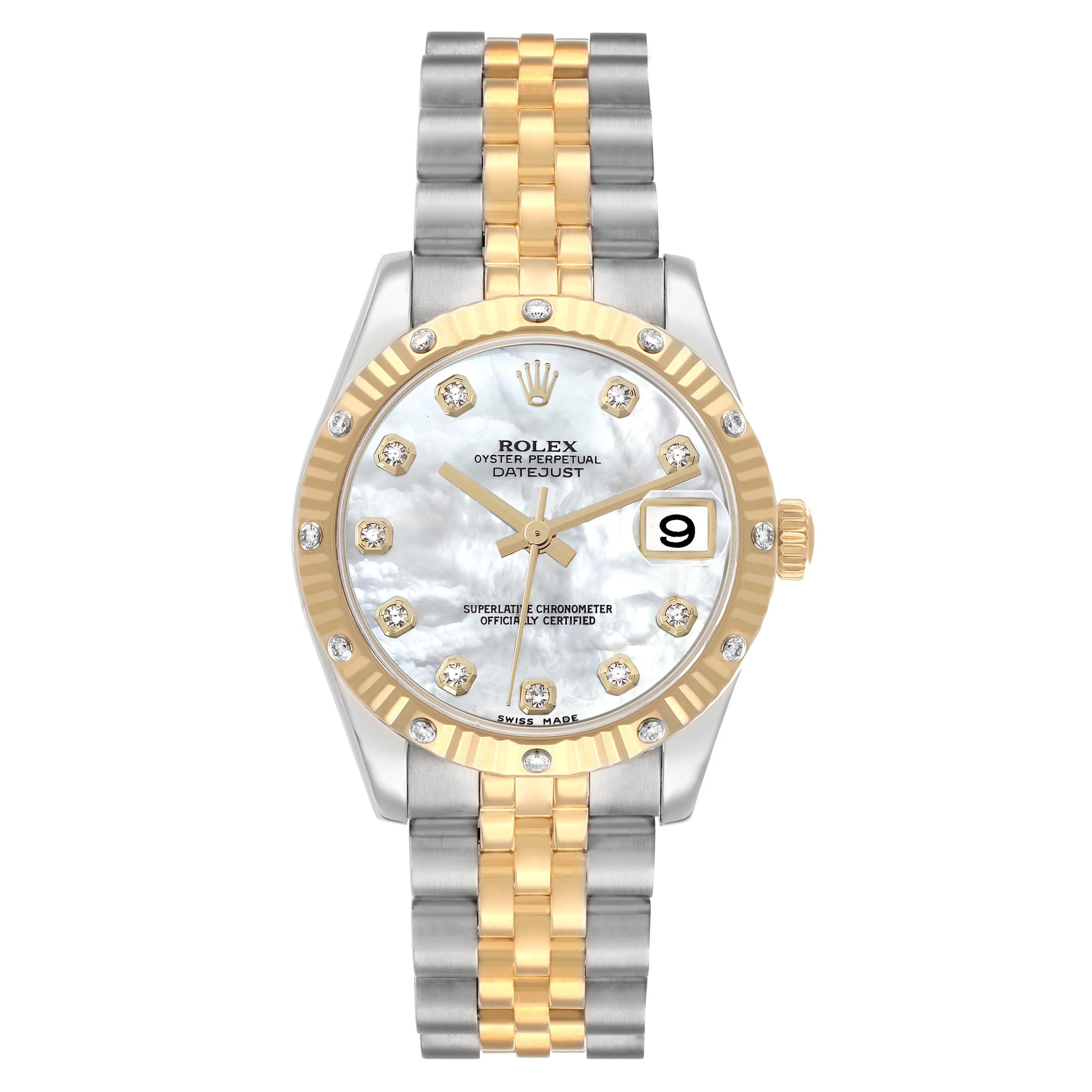 The Rolex Datejust 178313 Men
s Steel and Gold (two tone) Mother of Pearl Dial watch is shown from the front, highlighting the dial, hands, bezel, and two-tone bracelet.