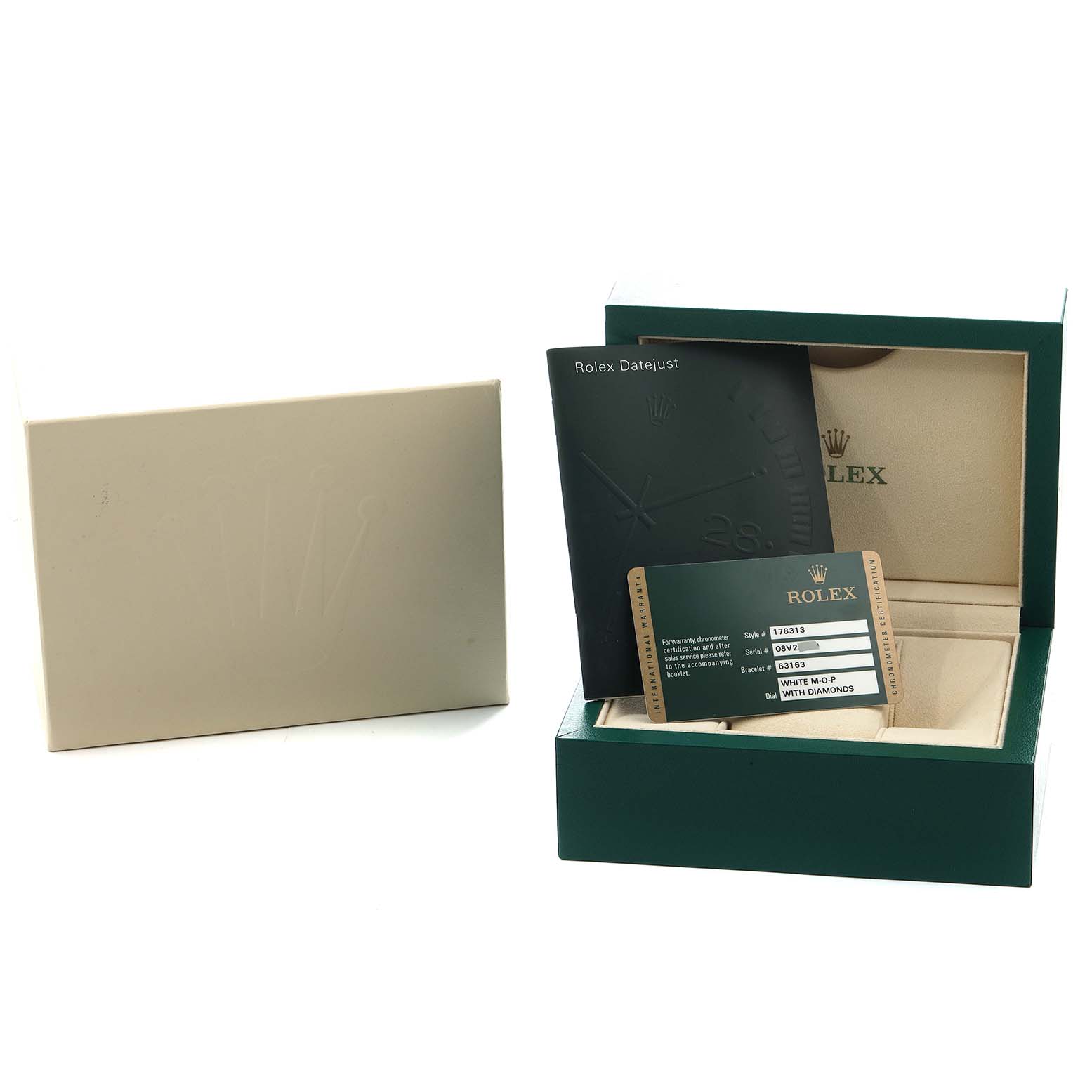 The image shows a Rolex Datejust 178313 Men
s Steel and Gold (two tone) Mother of Pearl Dial box, warranty card, and booklet, with the box open and positioned at an angle.