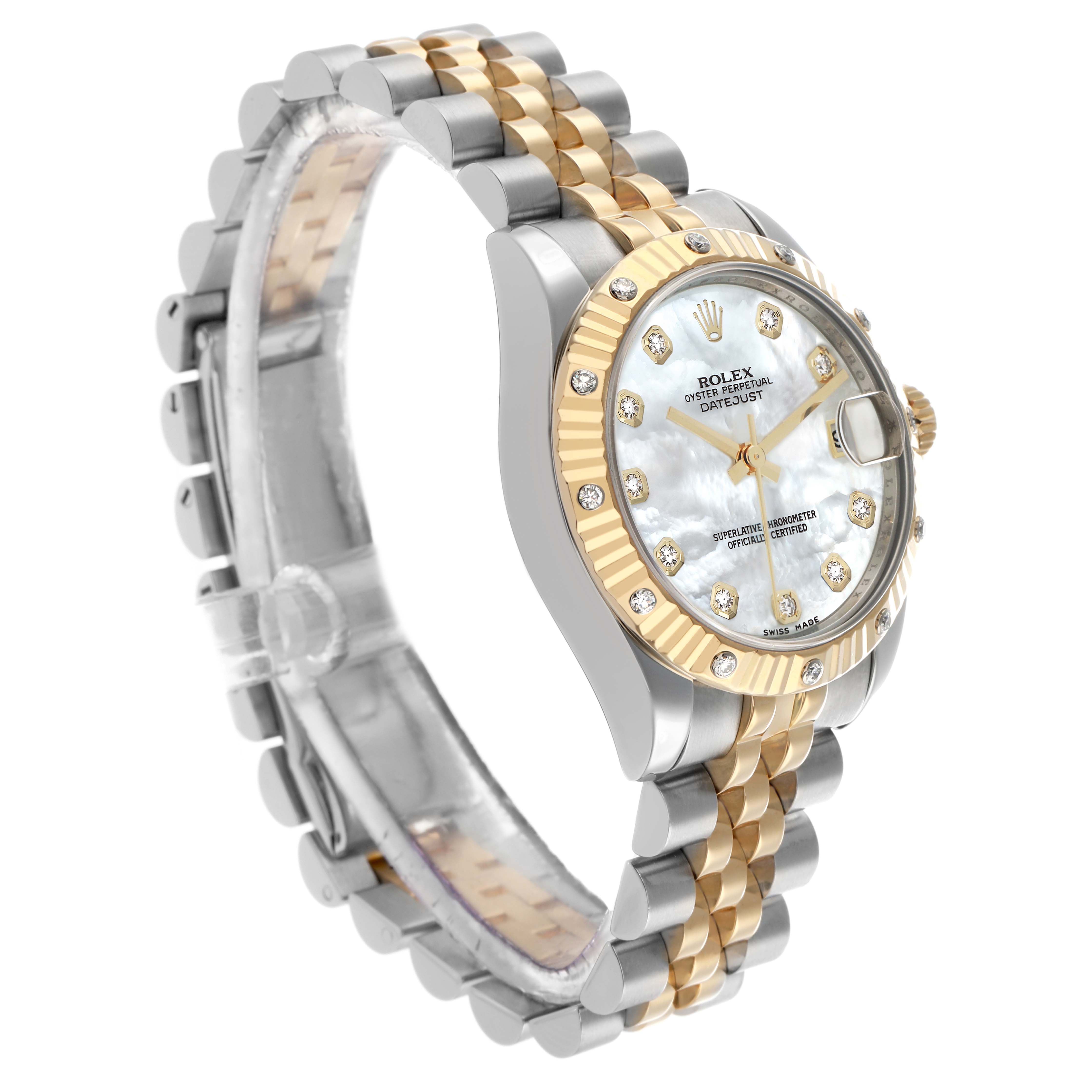 The Rolex Datejust 178313 Men
s Steel and Gold (two tone) Mother of Pearl Dial is shown at a three-quarter angle, revealing the face, fluted bezel, and jubilee bracelet.