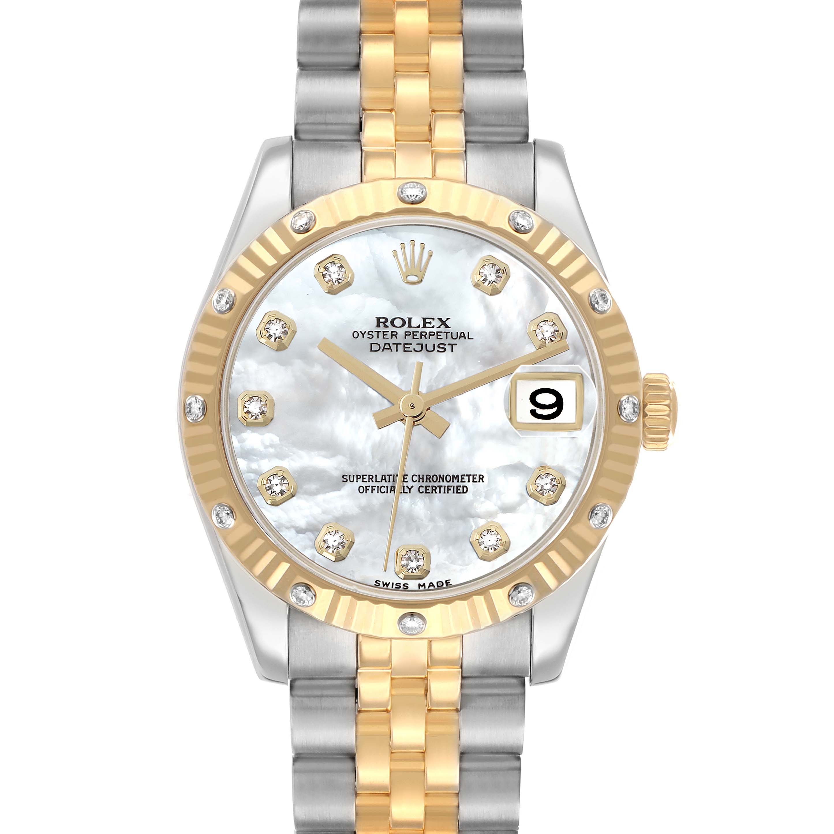 The Rolex Datejust 178313 Men
s Steel and Gold (two tone) Mother of Pearl Dial is shown from a front angle, displaying the dial, two-tone bracelet, and date window.