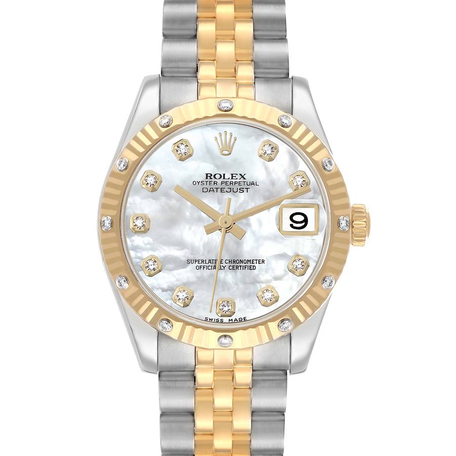 The Rolex Datejust 178313 Men's Steel and Gold (two tone) Mother of Pearl Dial is shown from a front angle, displaying the dial, two-tone bracelet, and date window.