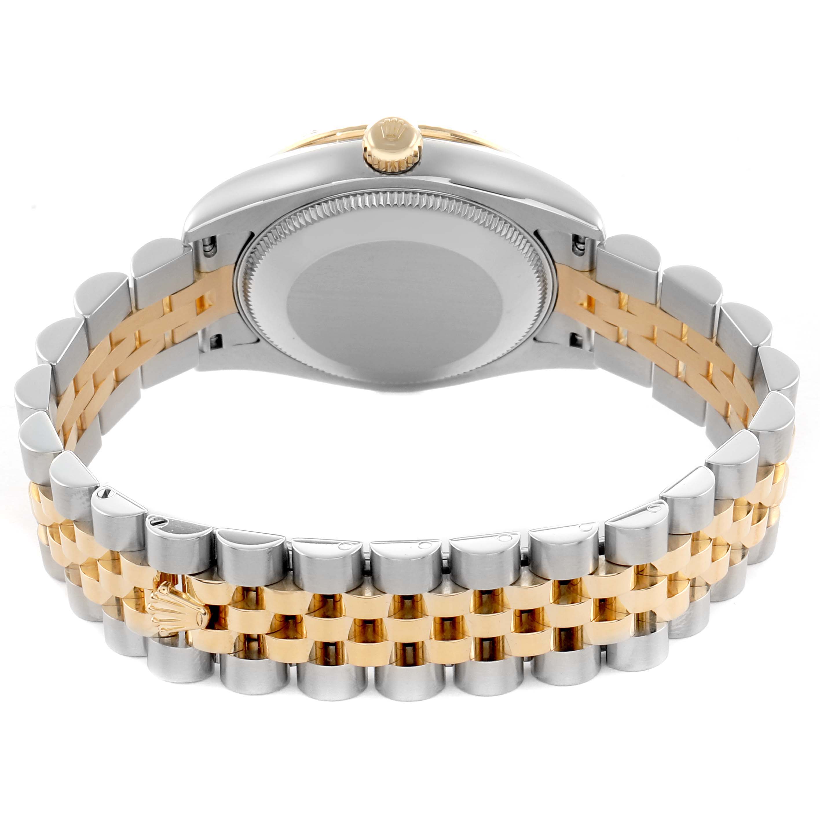 The image shows the back of a Rolex Datejust 178313 Men
s Steel and Gold (two tone) Mother of Pearl Dial, highlighting its two-tone bracelet and case back.