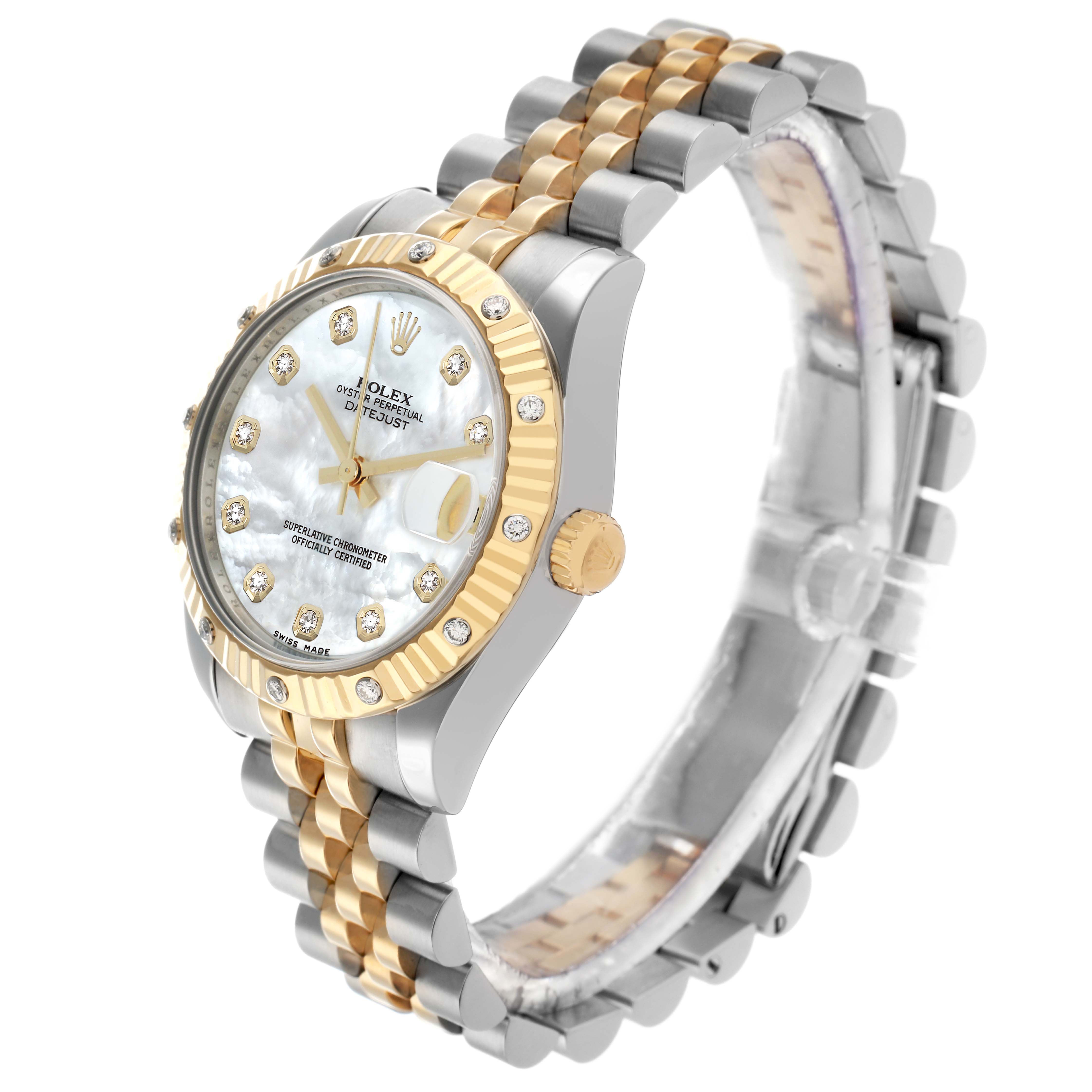 The Rolex Datejust 178313 Men
s Steel and Gold (two tone) Mother of Pearl Dial watch is shown at a three-quarter angle, highlighting its bezel, dial, crown, and two-tone bracelet.