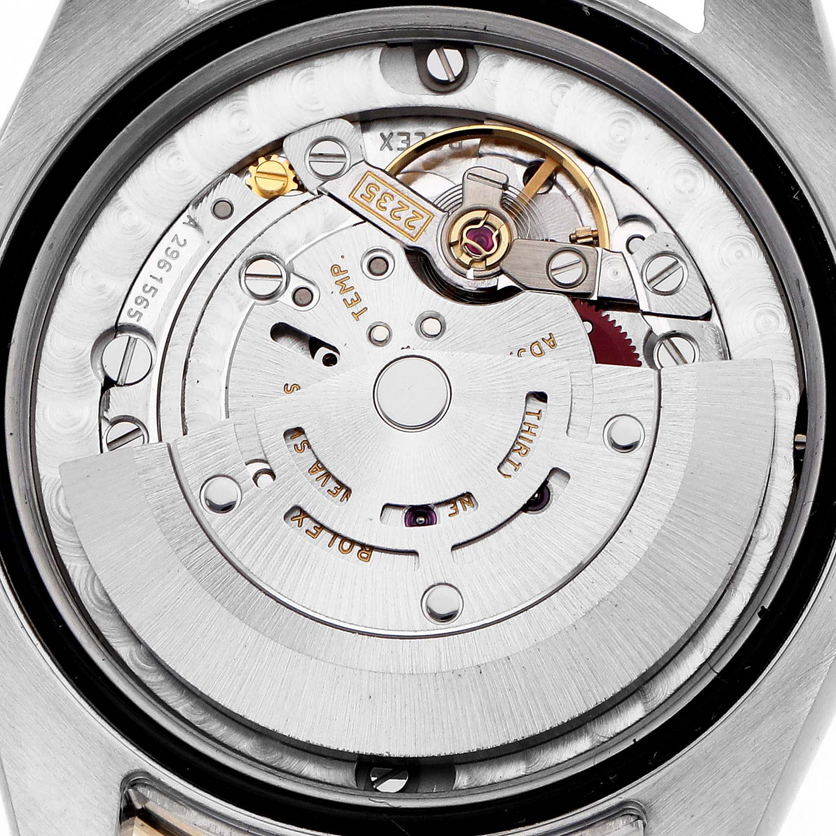 The image shows a close-up of the movement inside the Rolex Datejust 178313 Men
s Steel and Gold (two tone) Mother of Pearl Dial watch from a top-down angle.