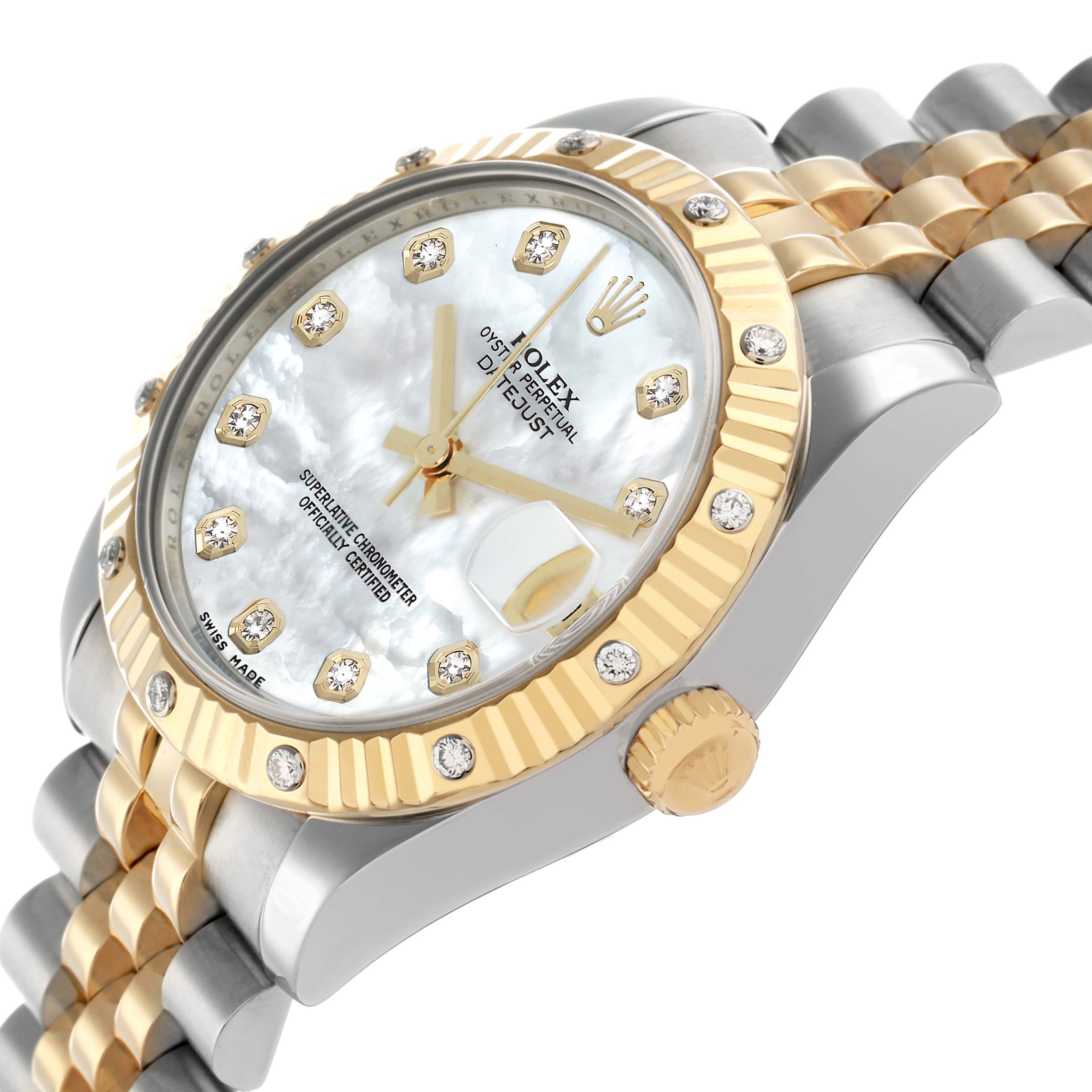 The Rolex Datejust 178313 Men
s Steel and Gold (two tone) Mother of Pearl Dial watch is shown at an angle highlighting its diamond bezel, dial, bracelet, and crown.