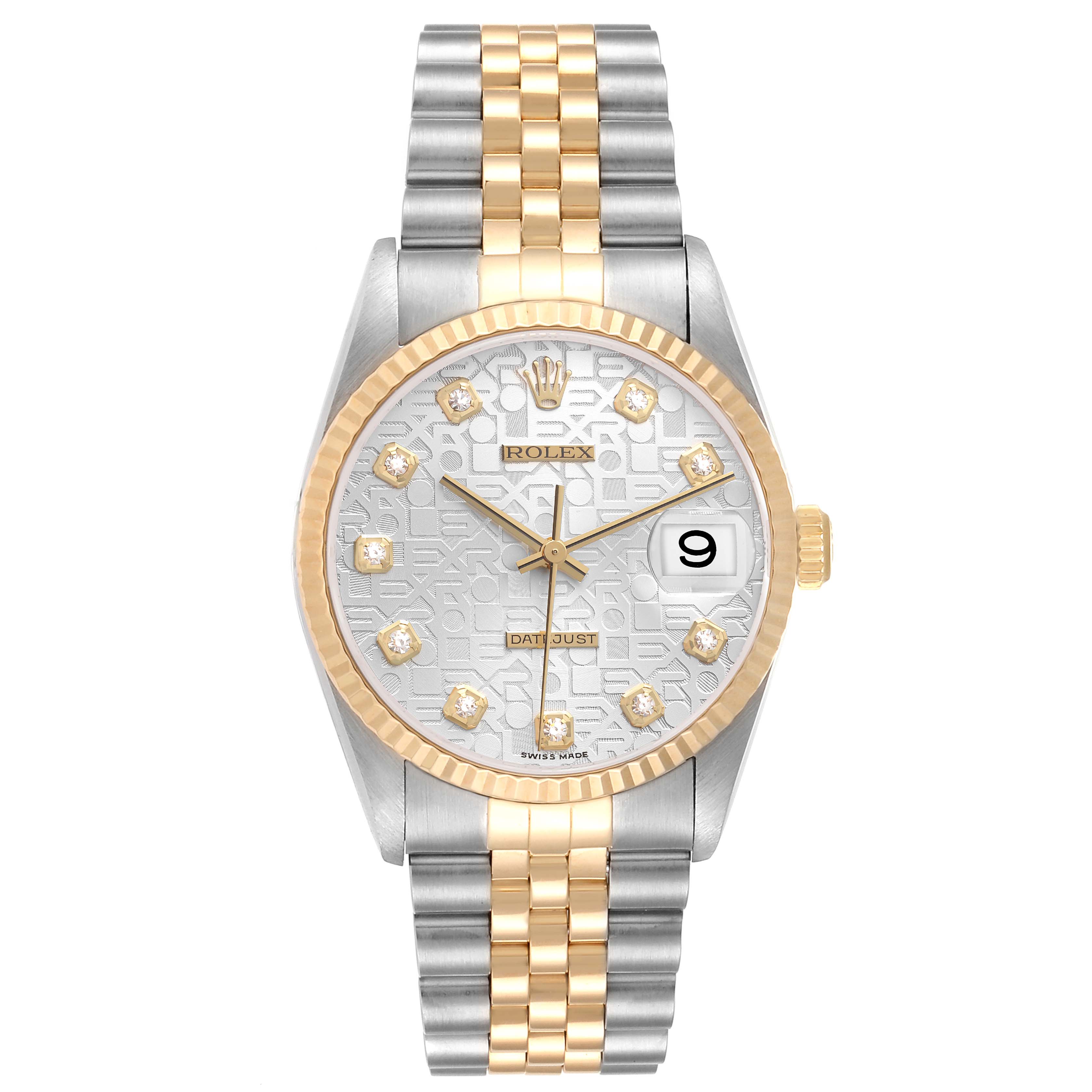 The Rolex Datejust 16233 Men's Steel and Gold (two tone) Silver Dial 16233 Men's Steel and Gold (two tone) Silver Dial watch is shown from a front angle, featuring its face, bezel, and two-tone bracelet.
