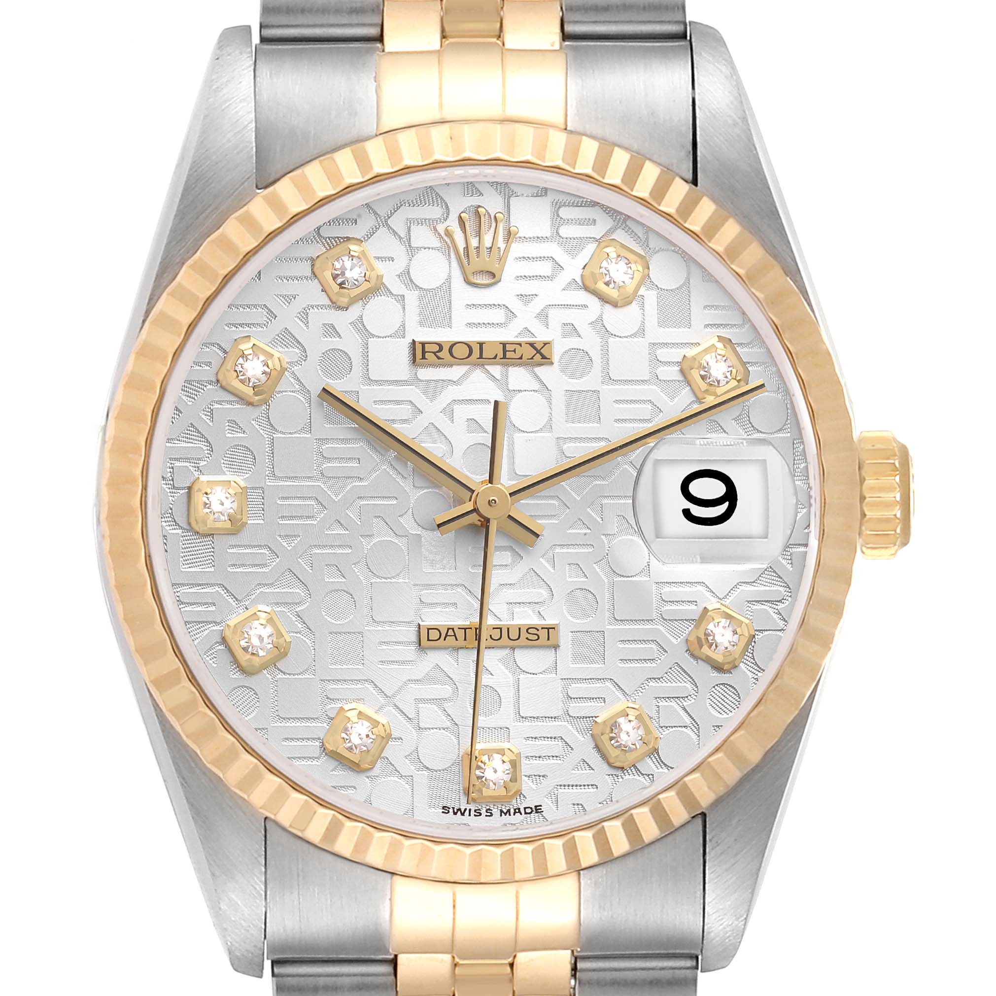 This image shows a frontal view of a Rolex Datejust 16233 Men's Steel and Gold (two tone) Silver Dial 16233 Men's Steel and Gold (two tone) Silver Dial watch, highlighting its face, bezel, hands, and date window.