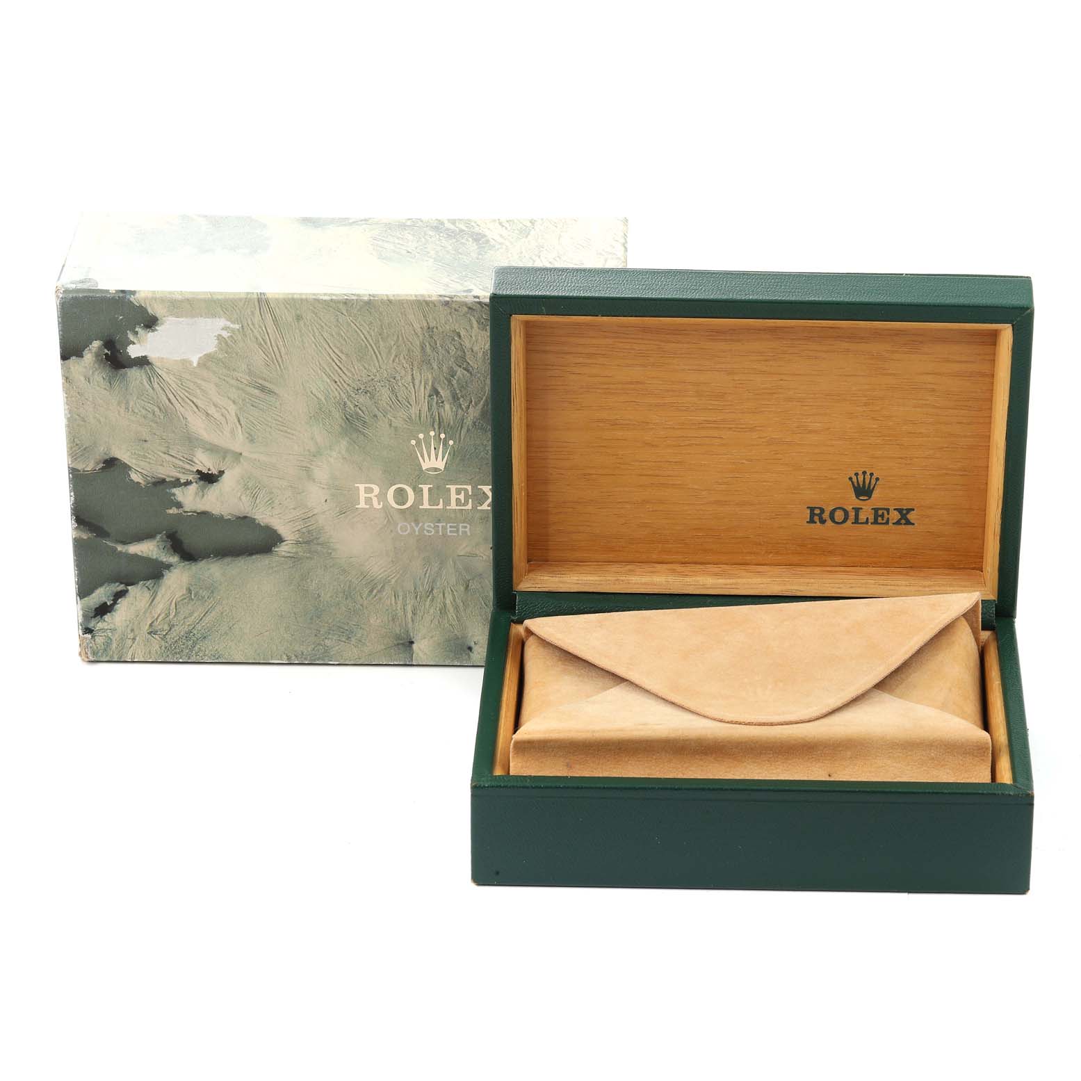 The image shows a Rolex Datejust 16233 Men's Steel and Gold (two tone) Silver Dial 16233 Men's Steel and Gold (two tone) Silver Dial watch box with the lid open, revealing a leather watch pouch inside.