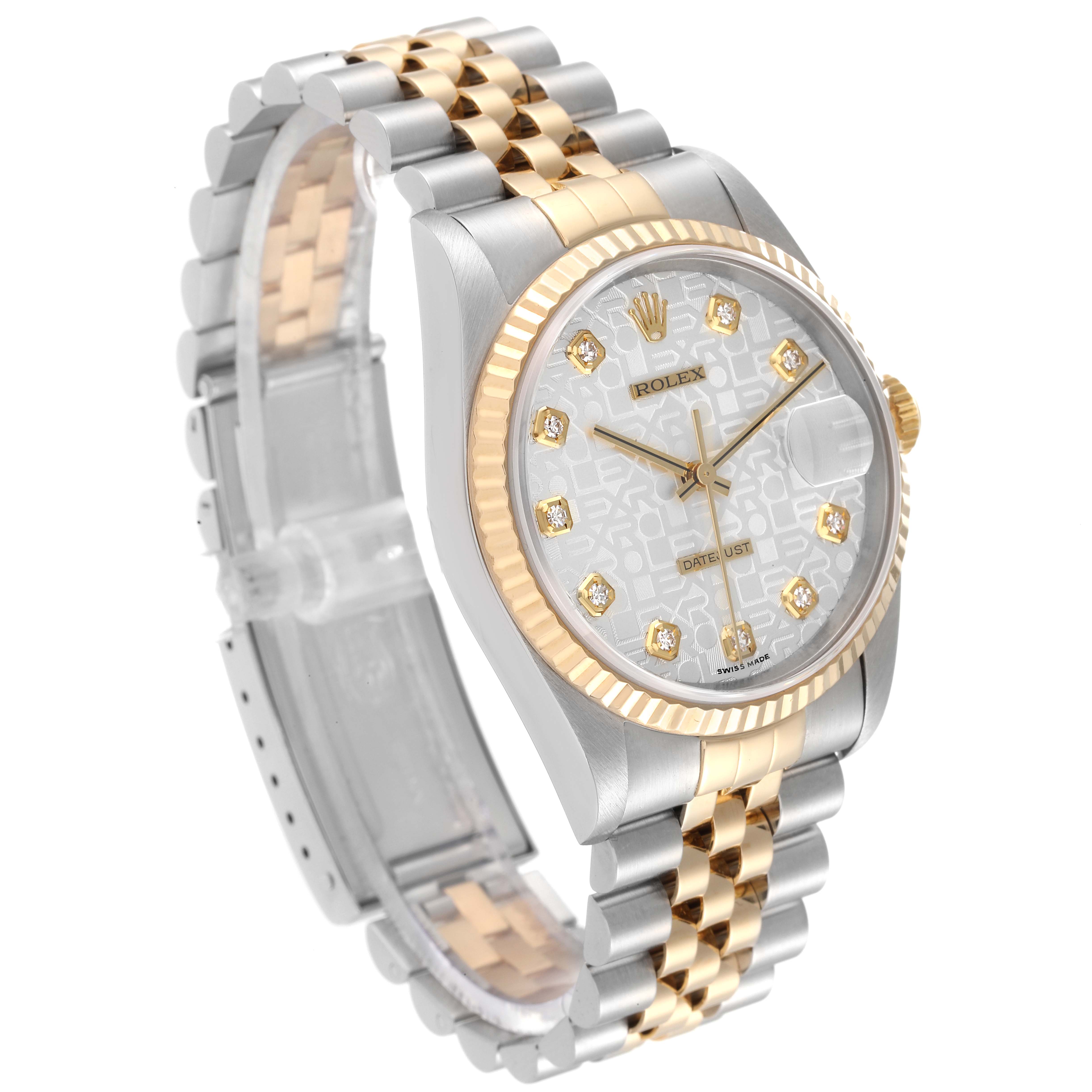 The image shows a Rolex Datejust 16233 Men's Steel and Gold (two tone) Silver Dial 16233 Men's Steel and Gold (two tone) Silver Dial watch at a three-quarter angle, highlighting its two-tone bracelet and diamond-studded dial.