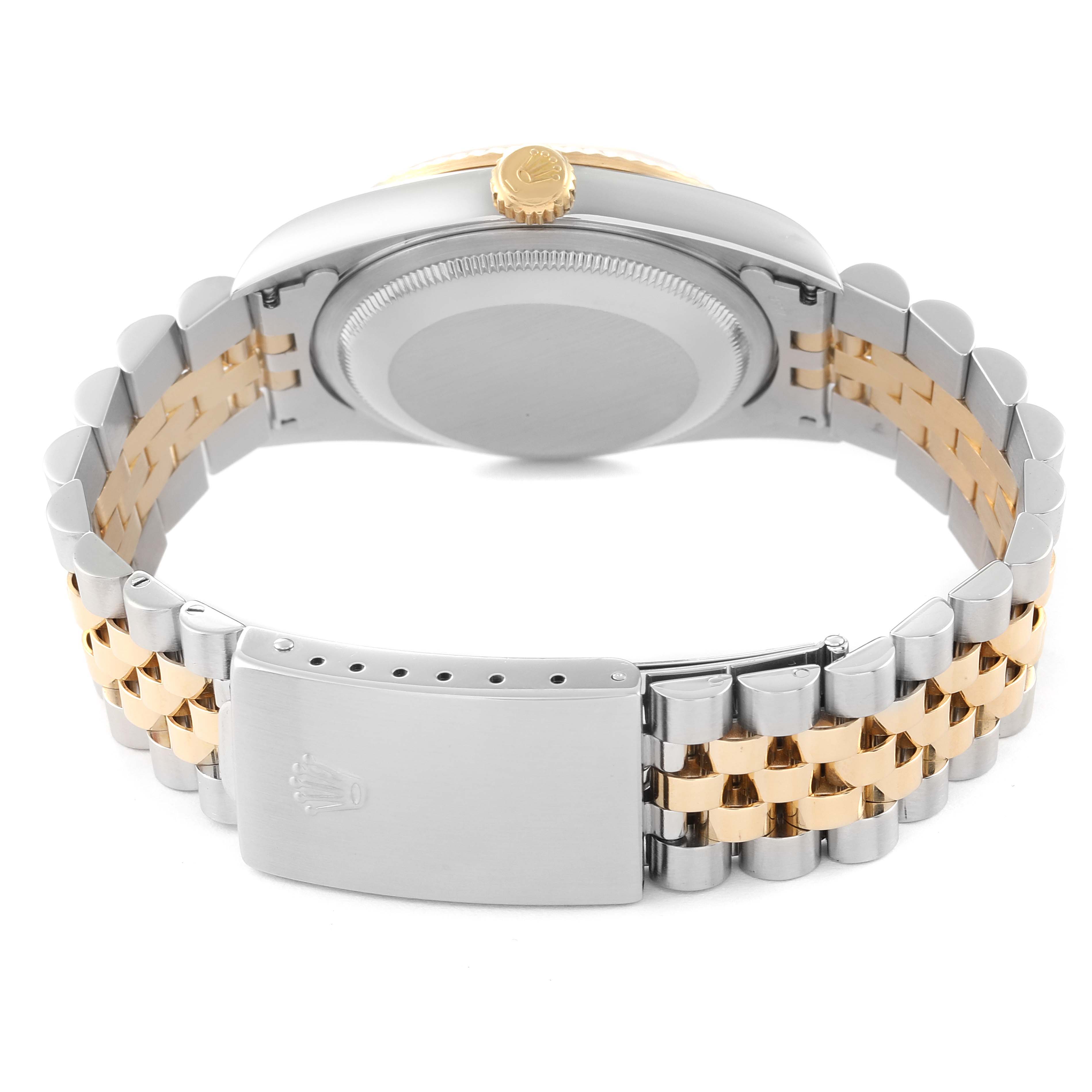 The image shows the back case and bracelet of a Rolex Datejust 16233 Men's Steel and Gold (two tone) Silver Dial 16233 Men's Steel and Gold (two tone) Silver Dial watch.