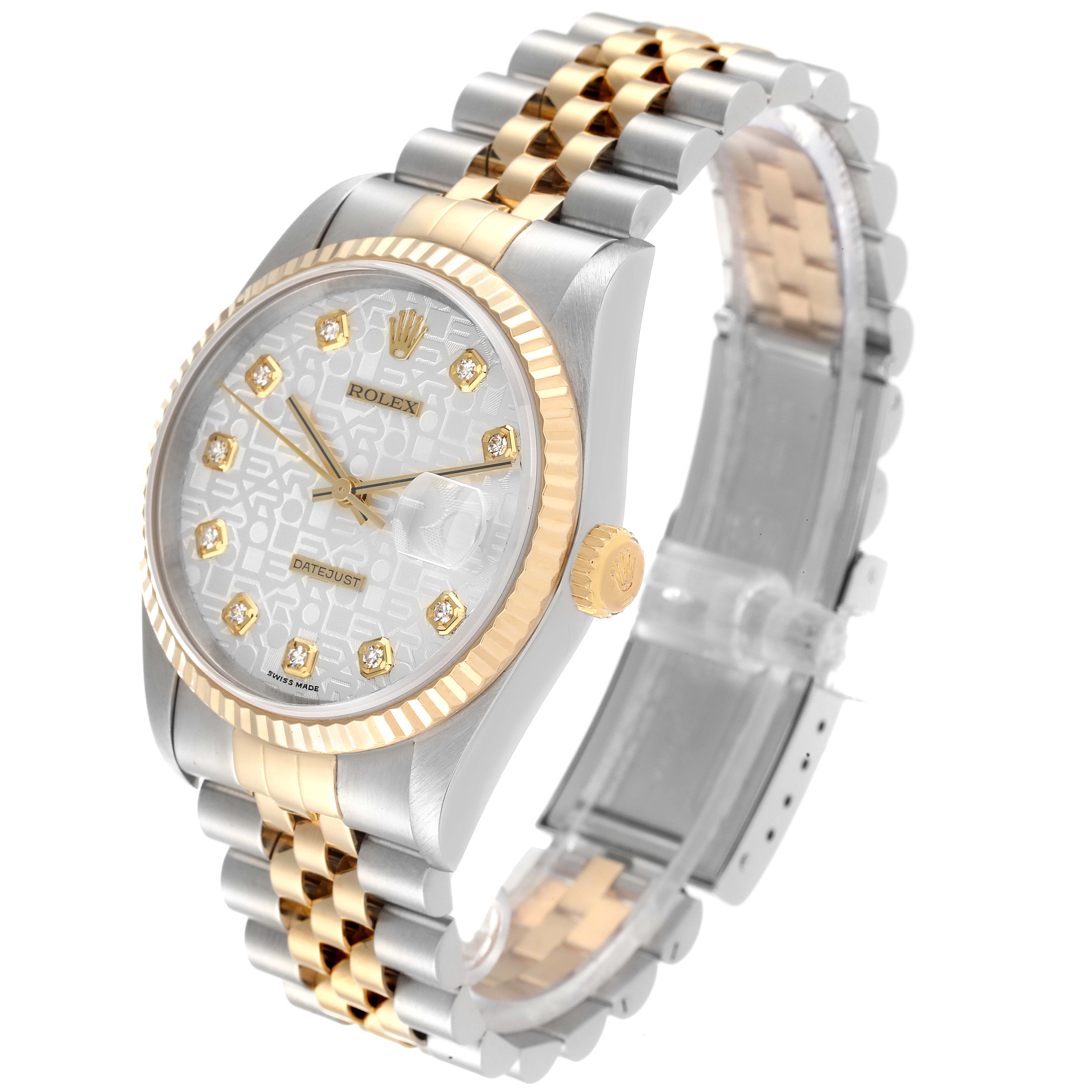 The image shows a Rolex Datejust 16233 Men's Steel and Gold (two tone) Silver Dial 16233 Men's Steel and Gold (two tone) Silver Dial watch at a three-quarter angle, highlighting its face, bezel, and bracelet.