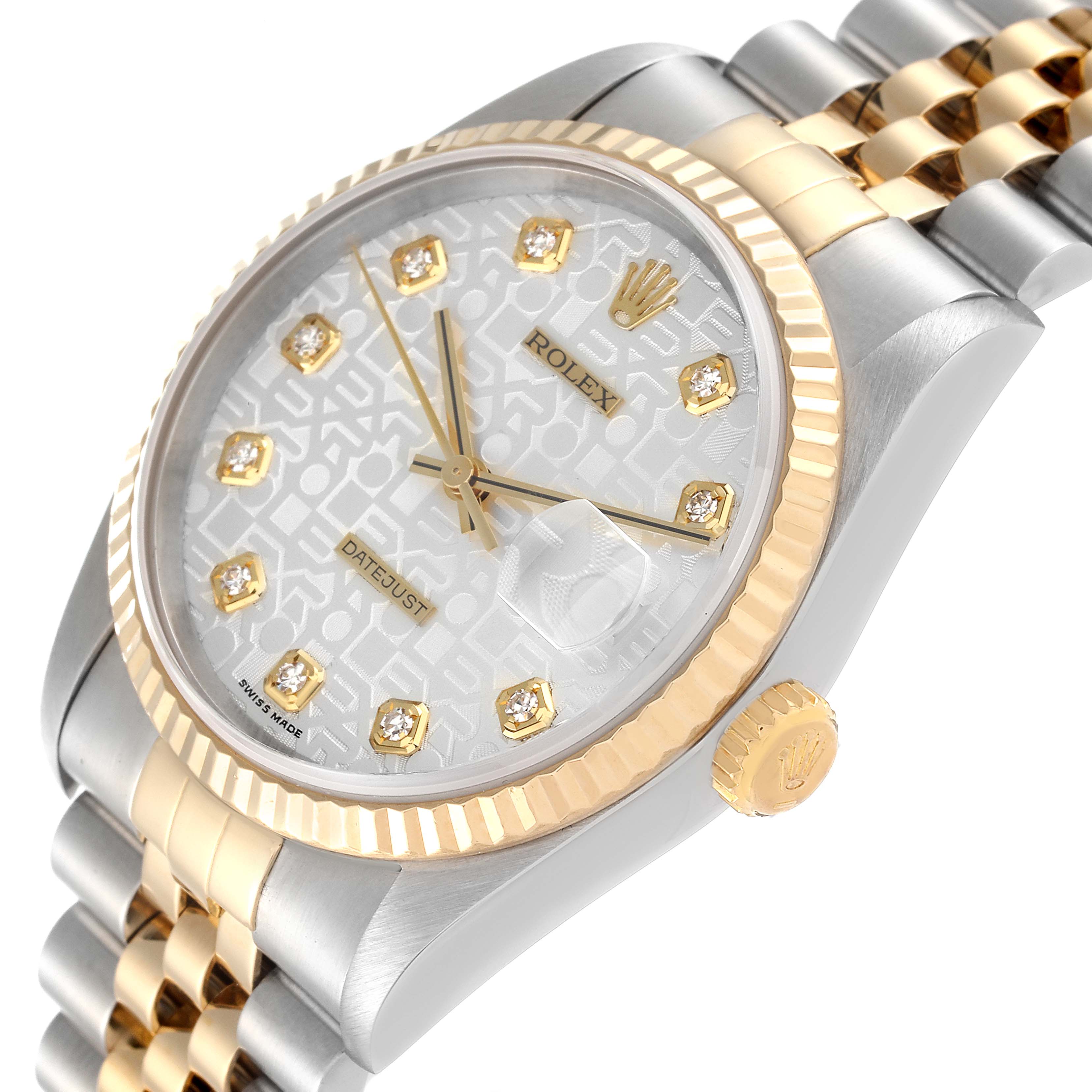 This image shows a close-up, angled view of the Rolex Datejust 16233 Men's Steel and Gold (two tone) Silver Dial 16233 Men's Steel and Gold (two tone) Silver Dial watch, highlighting its dial, bezel, and part of the bracelet.