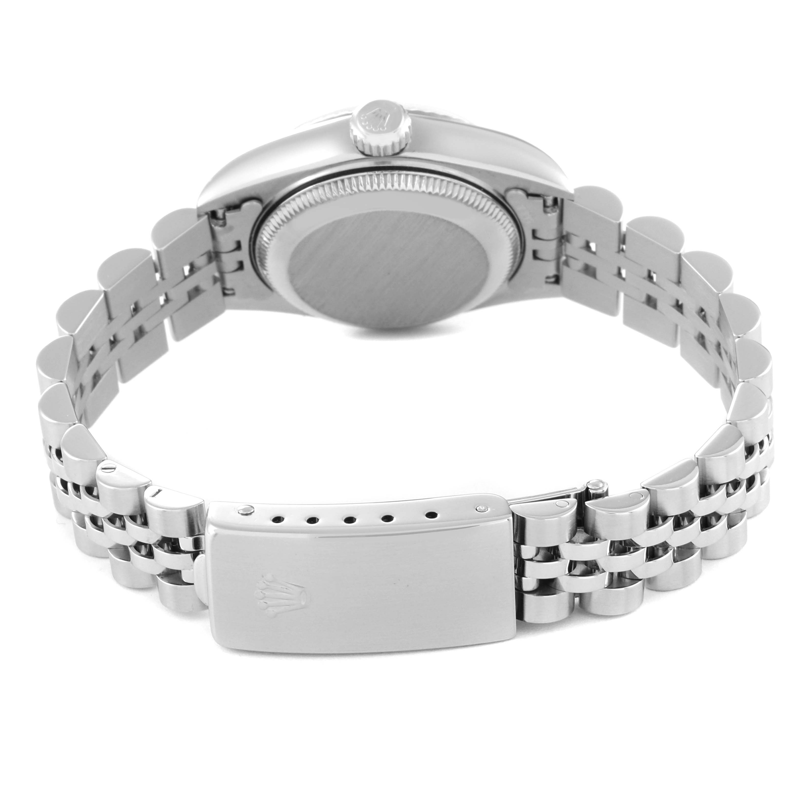 This image shows the back view of a Rolex Datejust 69174 Women's Stainless Steel Mother of Pearl Dial 69174 Women's Stainless Steel Mother of Pearl Dial watch, highlighting the case rear, crown, and Jubilee bracelet with clasp.