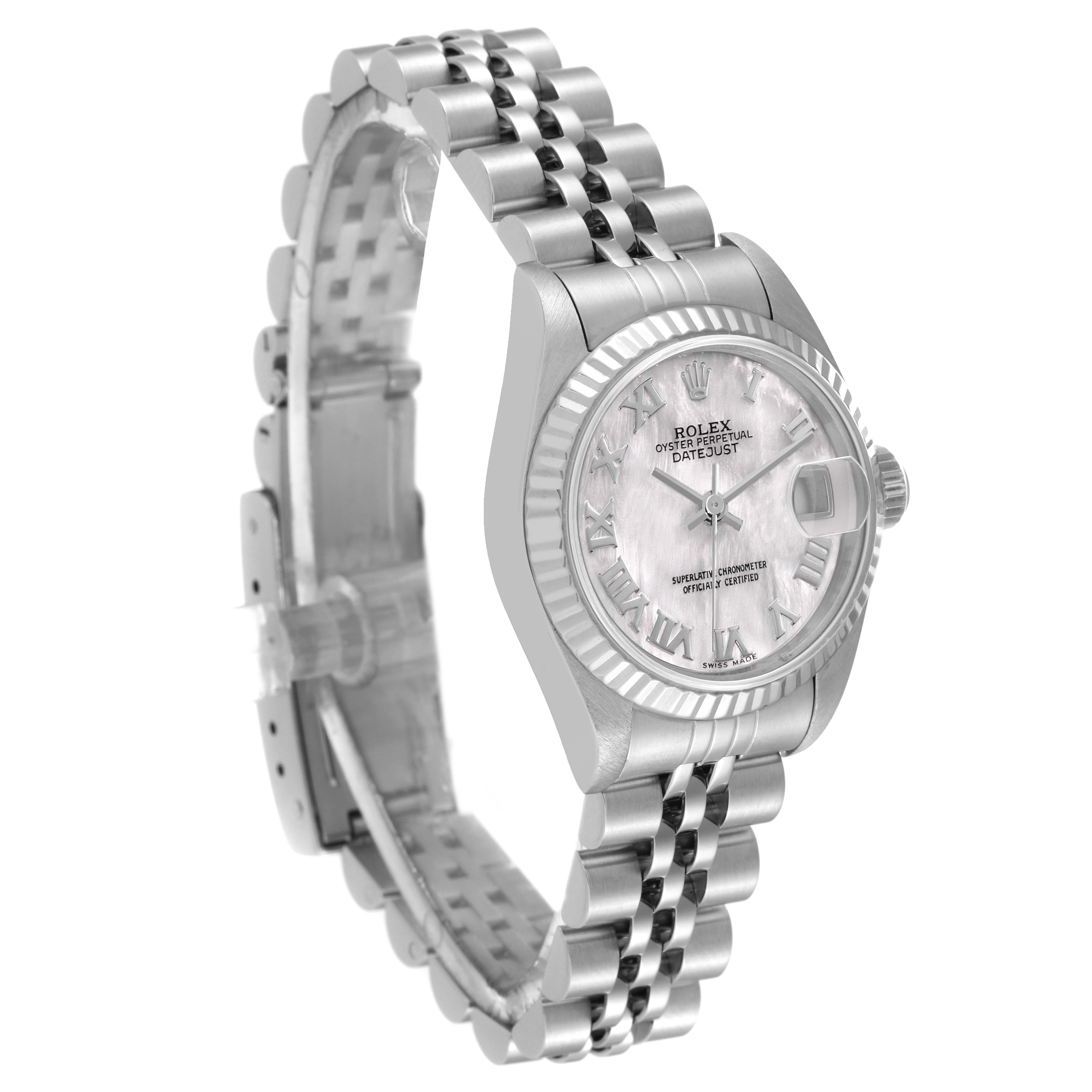 This Rolex Datejust 69174 Women's Stainless Steel Mother of Pearl Dial 69174 Women's Stainless Steel Mother of Pearl Dial watch is shown at an angle displaying the face, bezel, and partially open bracelet.
