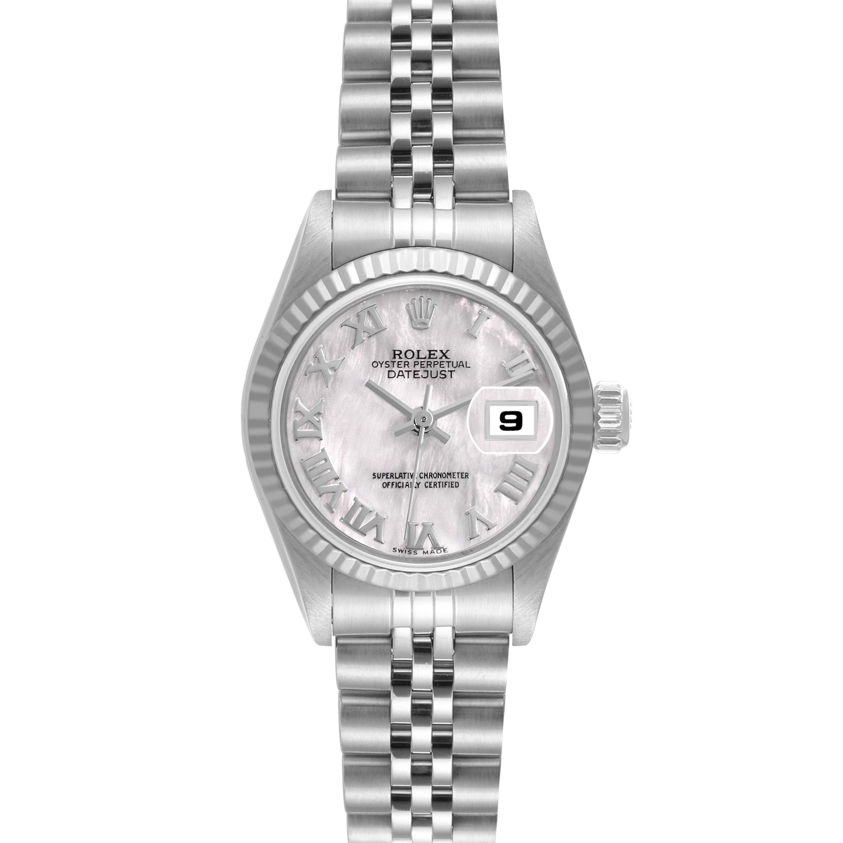 The image shows a front view of the Rolex Datejust 69174 Women's Stainless Steel Mother of Pearl Dial 69174 Women's Stainless Steel Mother of Pearl Dial watch, highlighting the dial, bezel, bracelet, and date window.