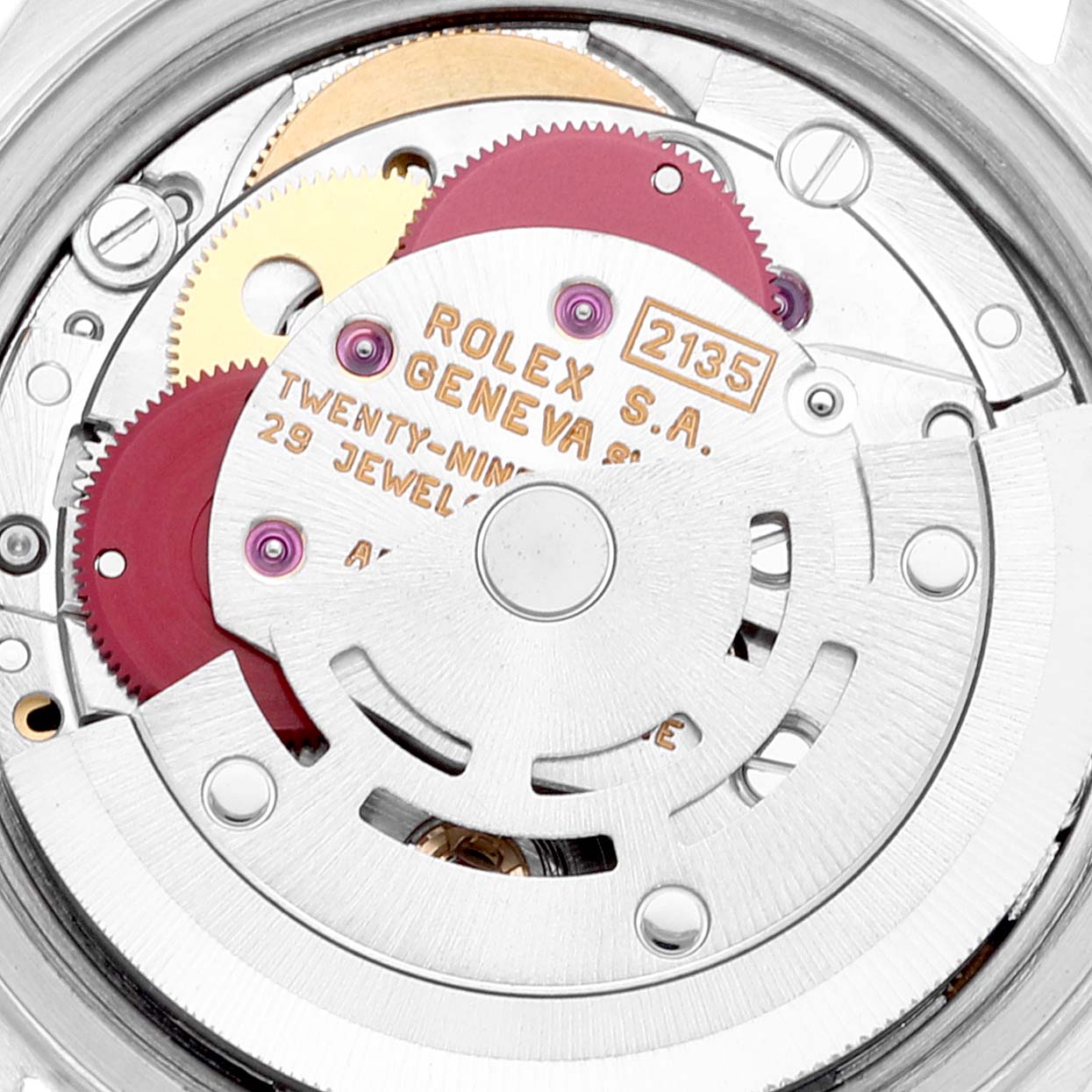 The close-up image shows the intricate movement mechanism inside a Rolex Datejust 69174 Women's Stainless Steel Mother of Pearl Dial 69174 Women's Stainless Steel Mother of Pearl Dial watch.