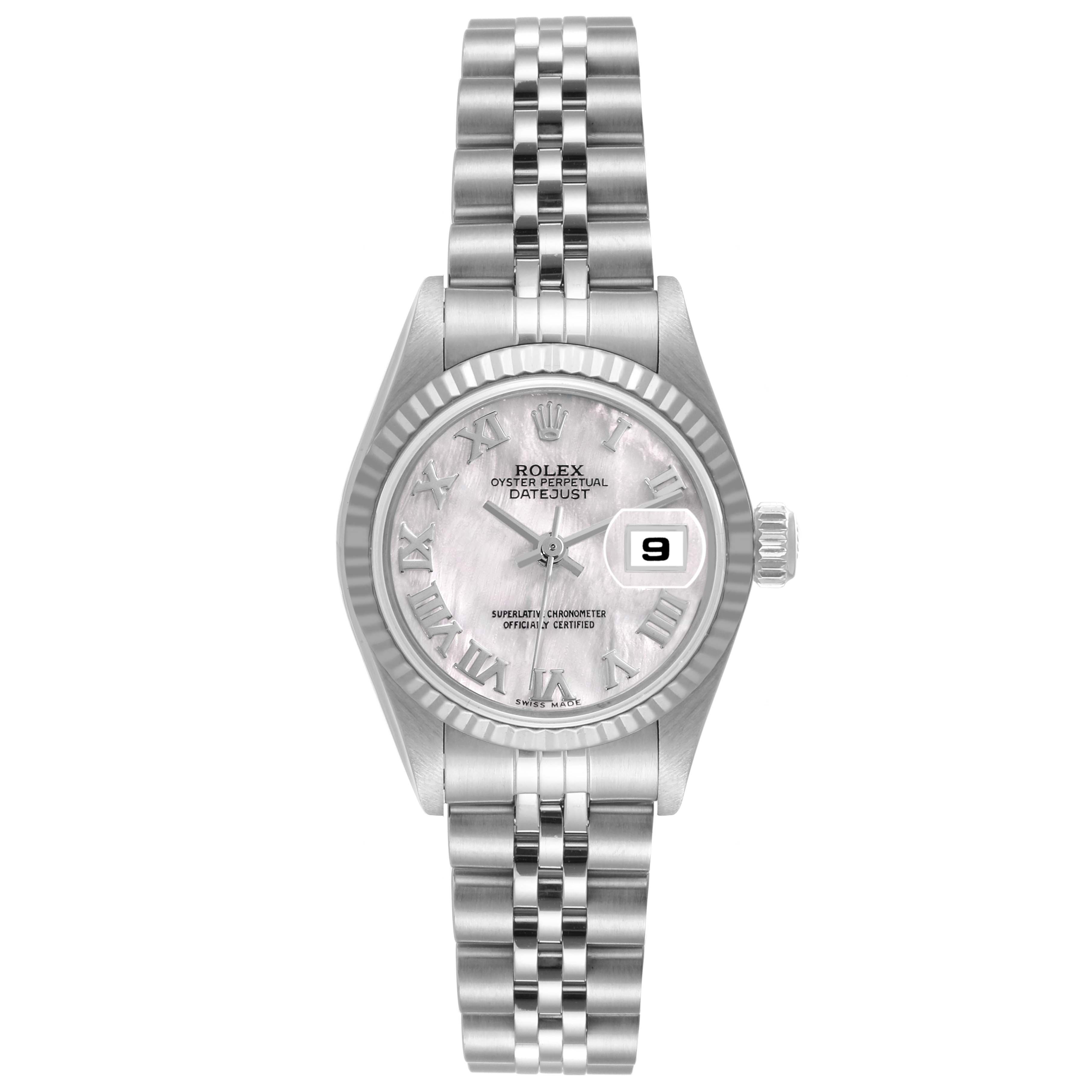 The image shows a front view of a Rolex Datejust 69174 Women's Stainless Steel Mother of Pearl Dial 69174 Women's Stainless Steel Mother of Pearl Dial watch, displaying the face, bezel, and bracelet.