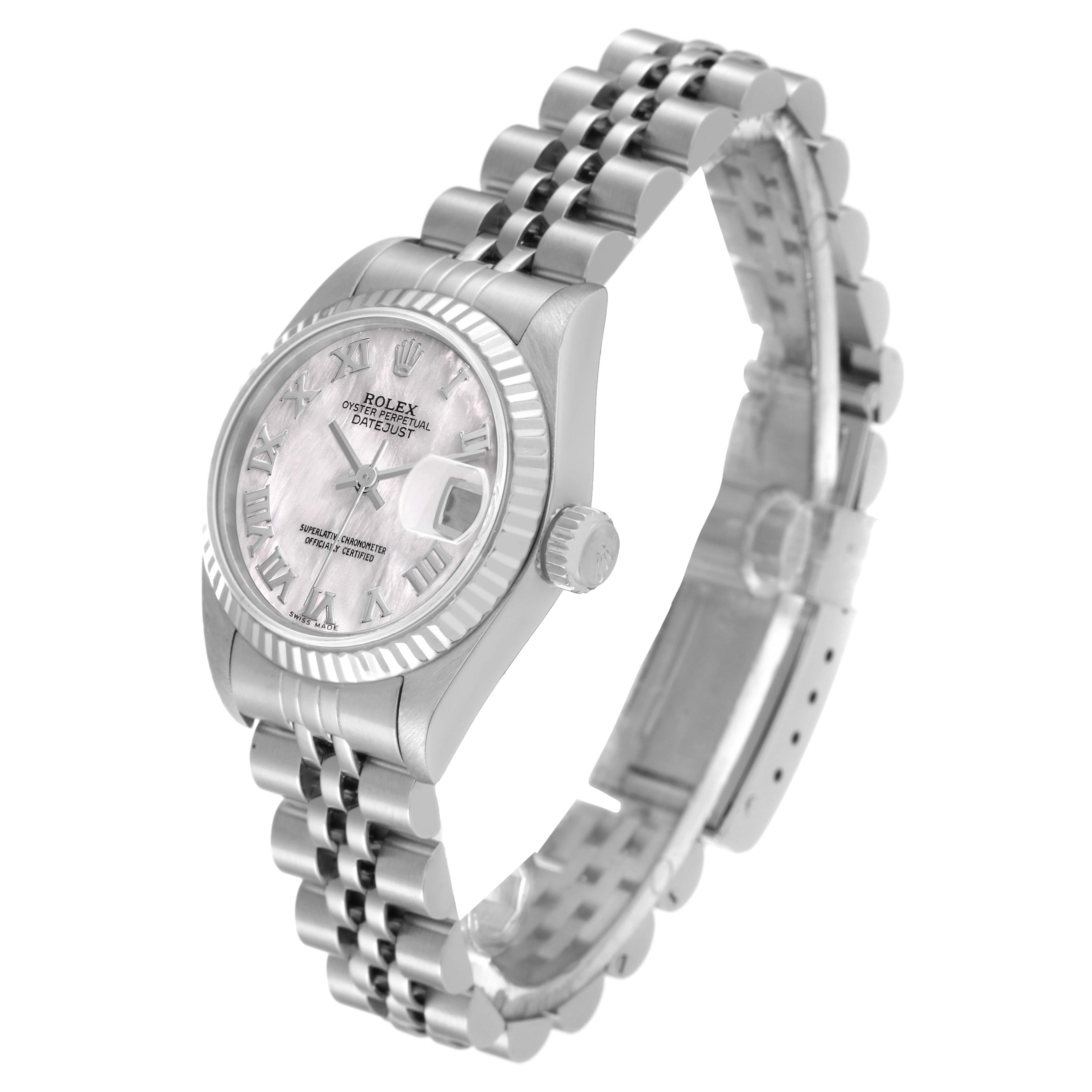 The image shows a Rolex Datejust 69174 Women's Stainless Steel Mother of Pearl Dial 69174 Women's Stainless Steel Mother of Pearl Dial watch, angled to display the dial, bezel, and part of the bracelet.