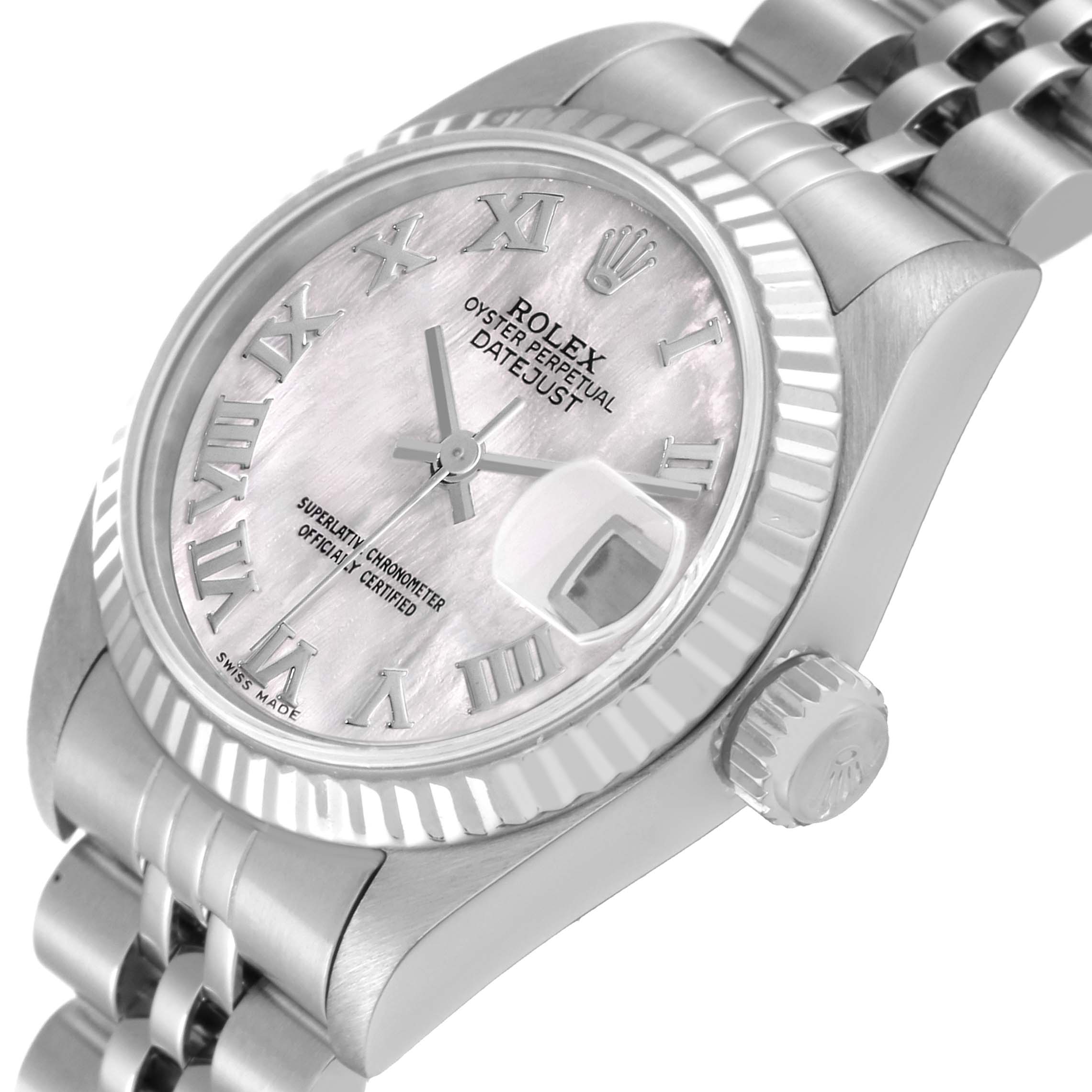 This image shows a close-up of the Rolex Datejust 69174 Women's Stainless Steel Mother of Pearl Dial 69174 Women's Stainless Steel Mother of Pearl Dial watch from an angle, highlighting the face, bezel, crown, and part of the bracelet.