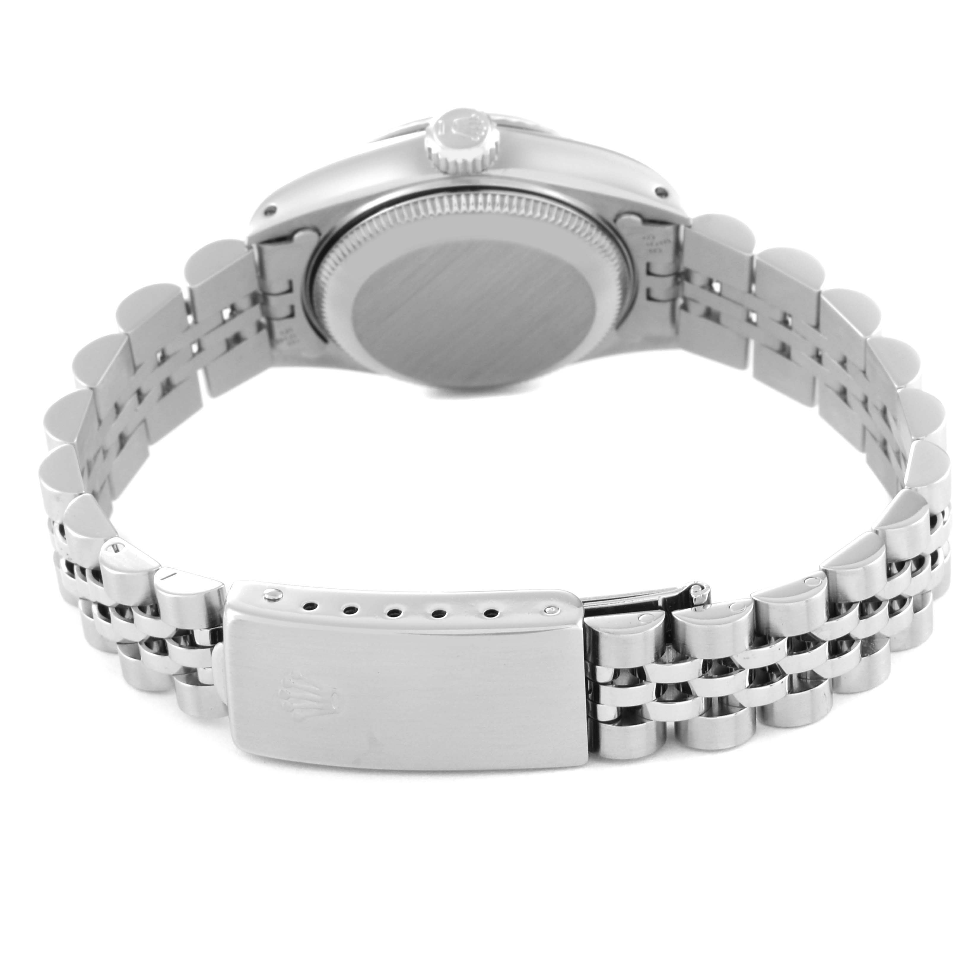 This image shows the back view of a Rolex Datejust 69174 Women's Stainless Steel Silver Dial 69174 Women's Stainless Steel Silver Dial watch, highlighting the case back, crown, and Jubilee bracelet with clasp.