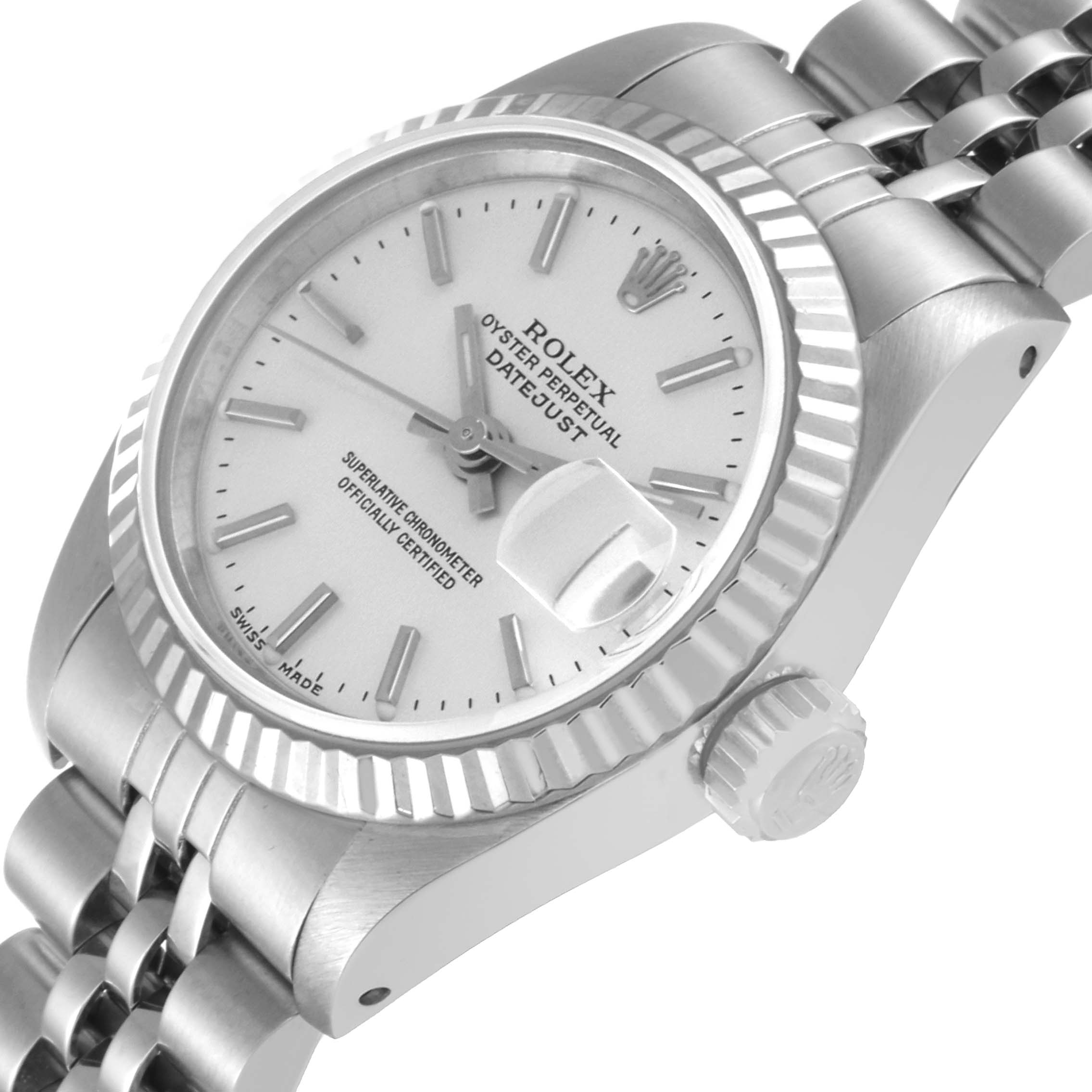 The Rolex Datejust 69174 Women's Stainless Steel Silver Dial 69174 Women's Stainless Steel Silver Dial watch is shown at an angled close-up, highlighting the dial, fluted bezel, crown, and bracelet.