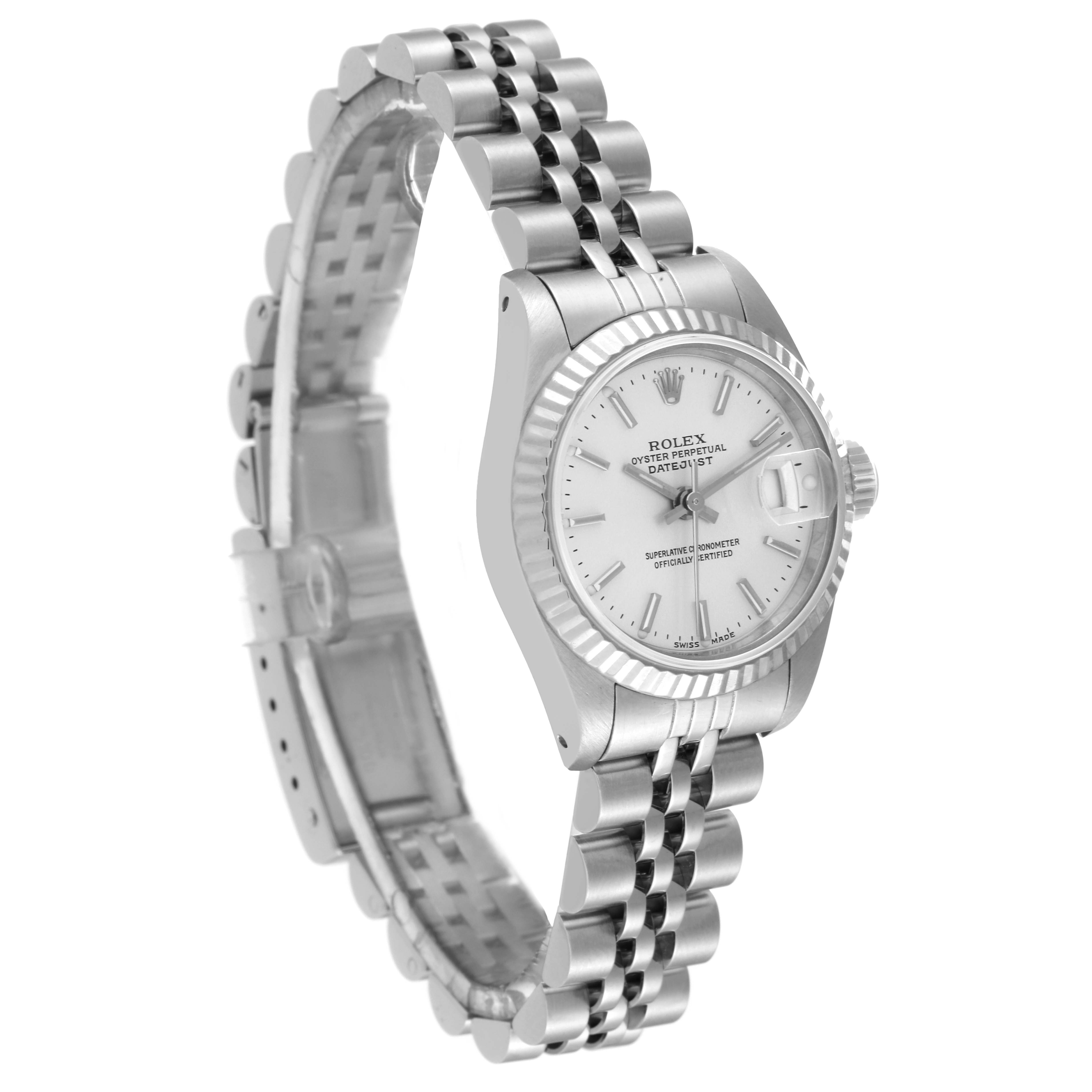 The image shows a Rolex Datejust 69174 Women's Stainless Steel Silver Dial 69174 Women's Stainless Steel Silver Dial watch at a three-quarter angle, highlighting the face, bezel, lugs, and bracelet.