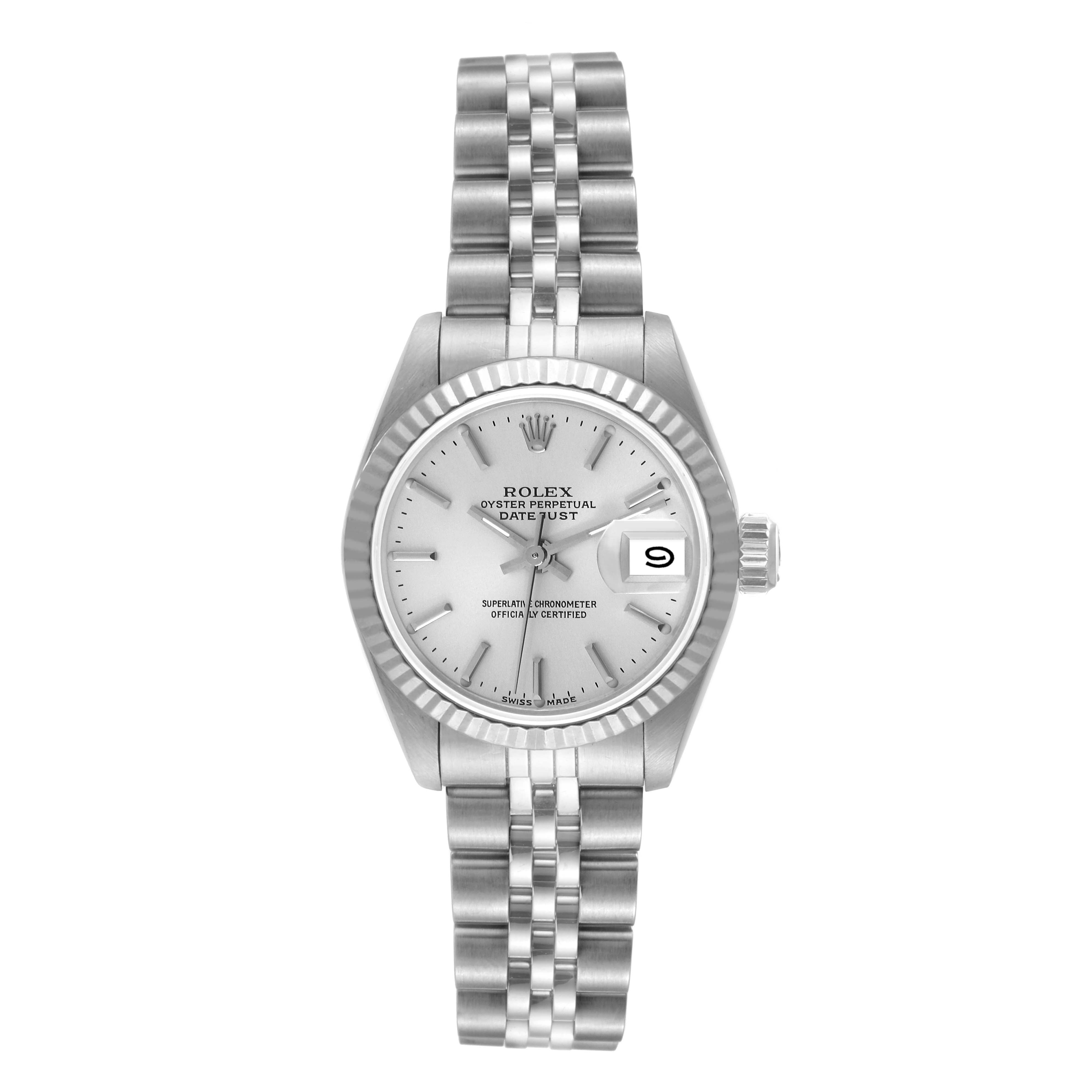 The image shows a front view of a Rolex Datejust 69174 Women's Stainless Steel Silver Dial 69174 Women's Stainless Steel Silver Dial, featuring its face, date window, and Jubilee bracelet.
