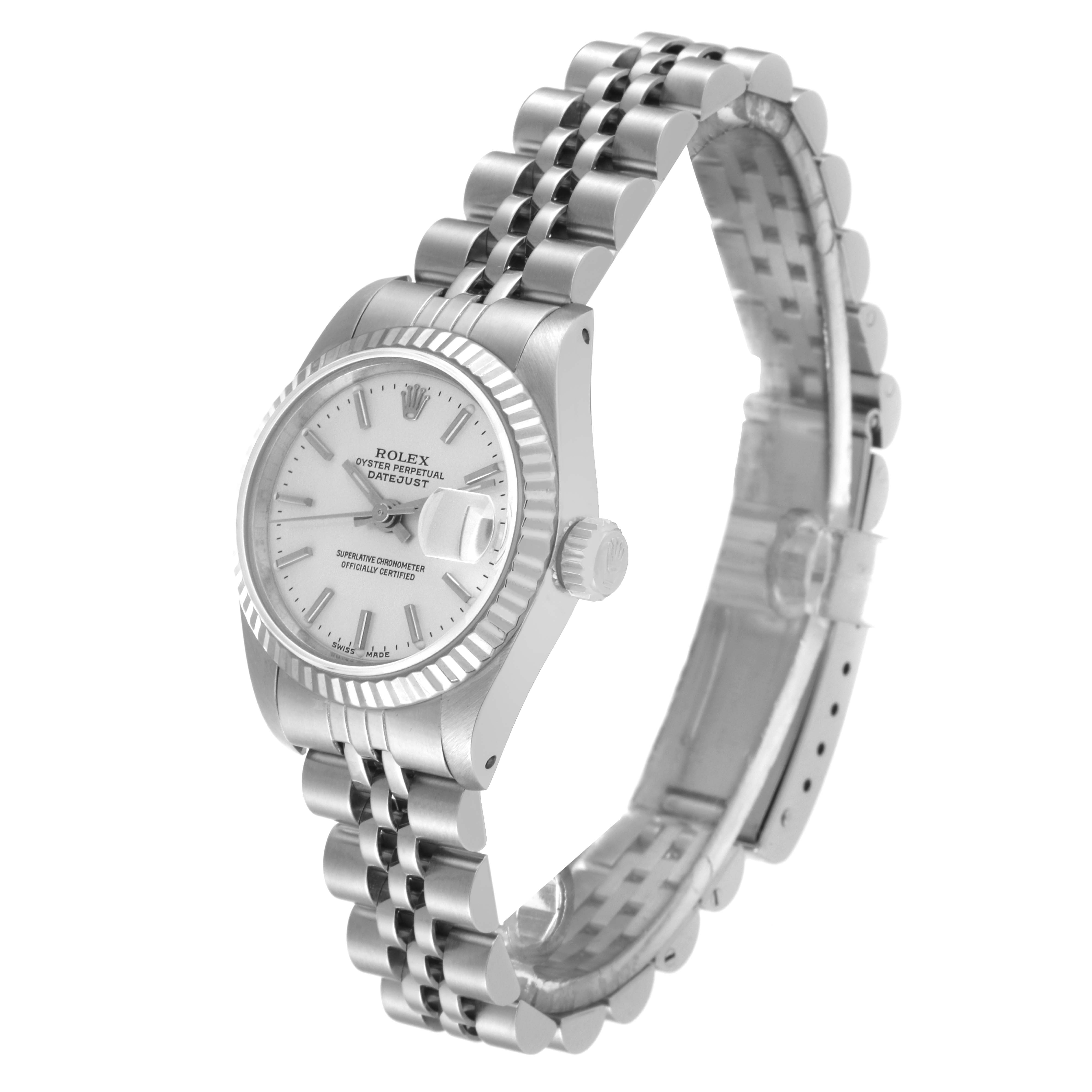 The image shows a side angle of a Rolex Datejust 69174 Women's Stainless Steel Silver Dial 69174 Women's Stainless Steel Silver Dial watch, highlighting the face, crown, and bracelet.