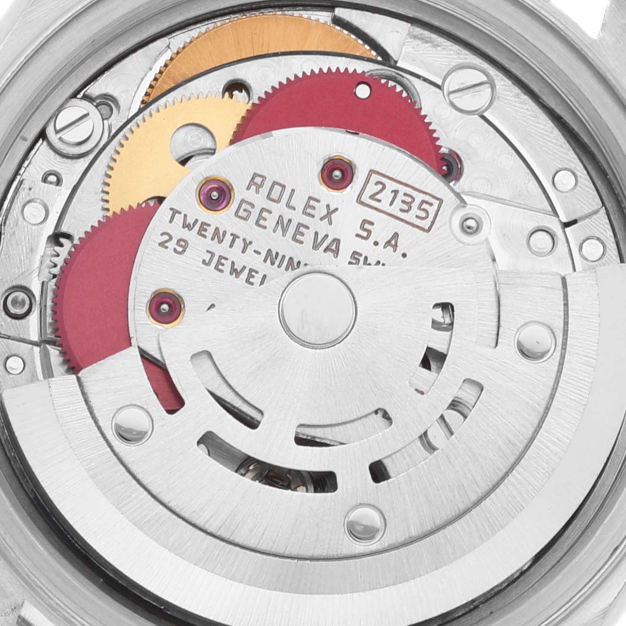 This image shows the internal mechanical movement of a Rolex Datejust 69174 Women's Stainless Steel Silver Dial 69174 Women's Stainless Steel Silver Dial watch with visible gears and jewels.