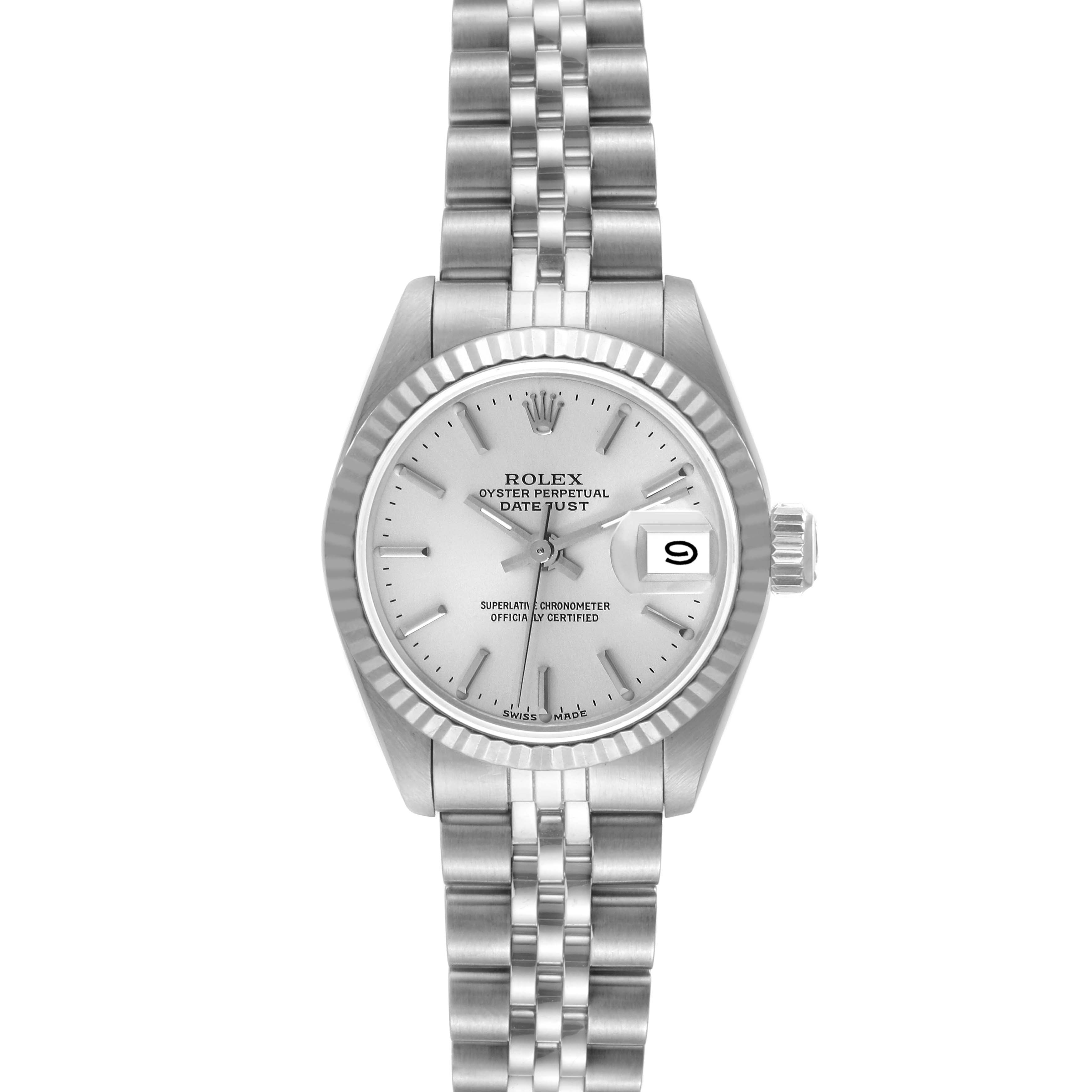 This image shows a front view of a silver Rolex Datejust 69174 Women's Stainless Steel Silver Dial 69174 Women's Stainless Steel Silver Dial watch, displaying its dial, bezel, and bracelet.