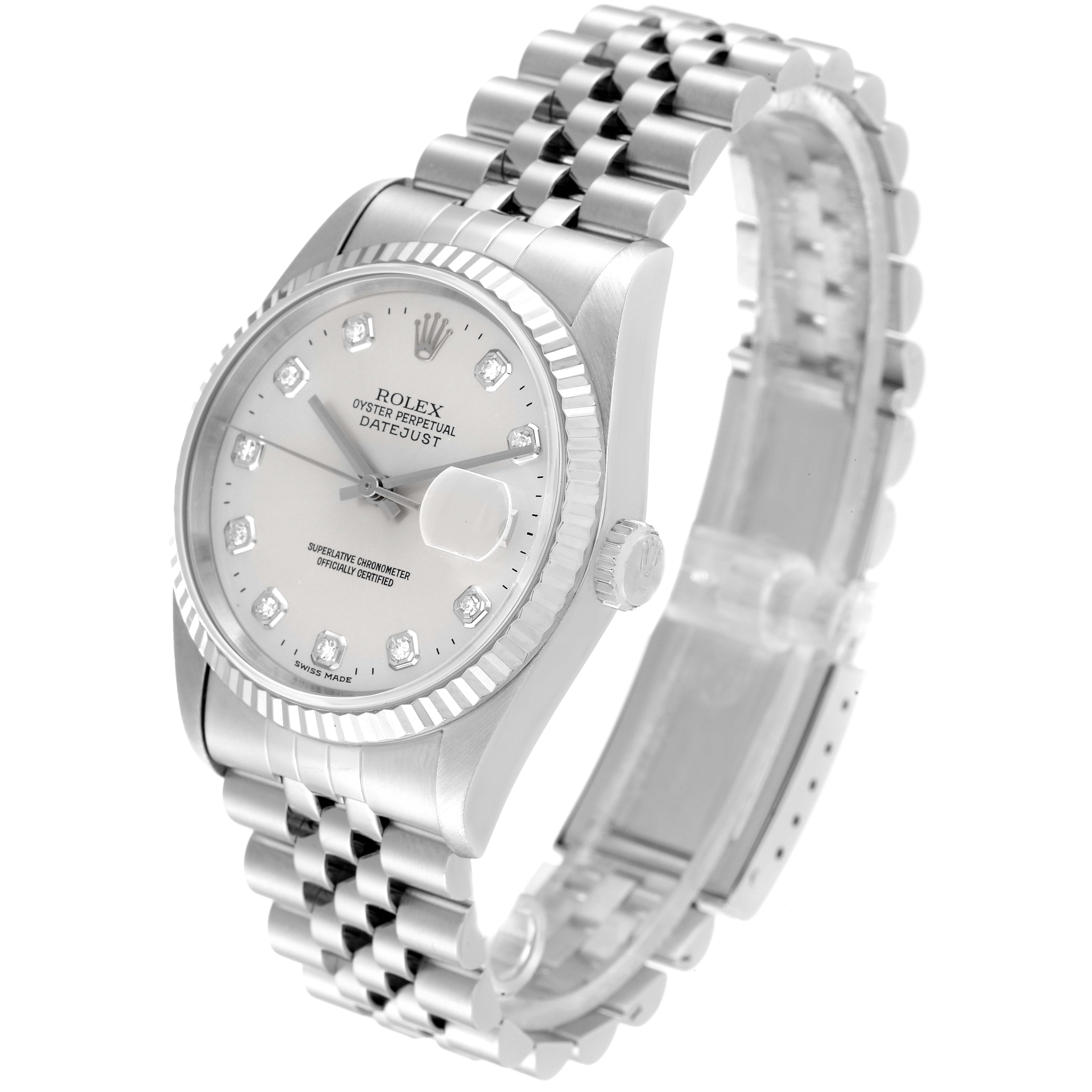 This image shows a Rolex Datejust 16234 Men's Stainless Steel Silver Dial 16234 Men's Stainless Steel Silver Dial watch at a slight front-left angle, highlighting its face, bracelet, and crown.