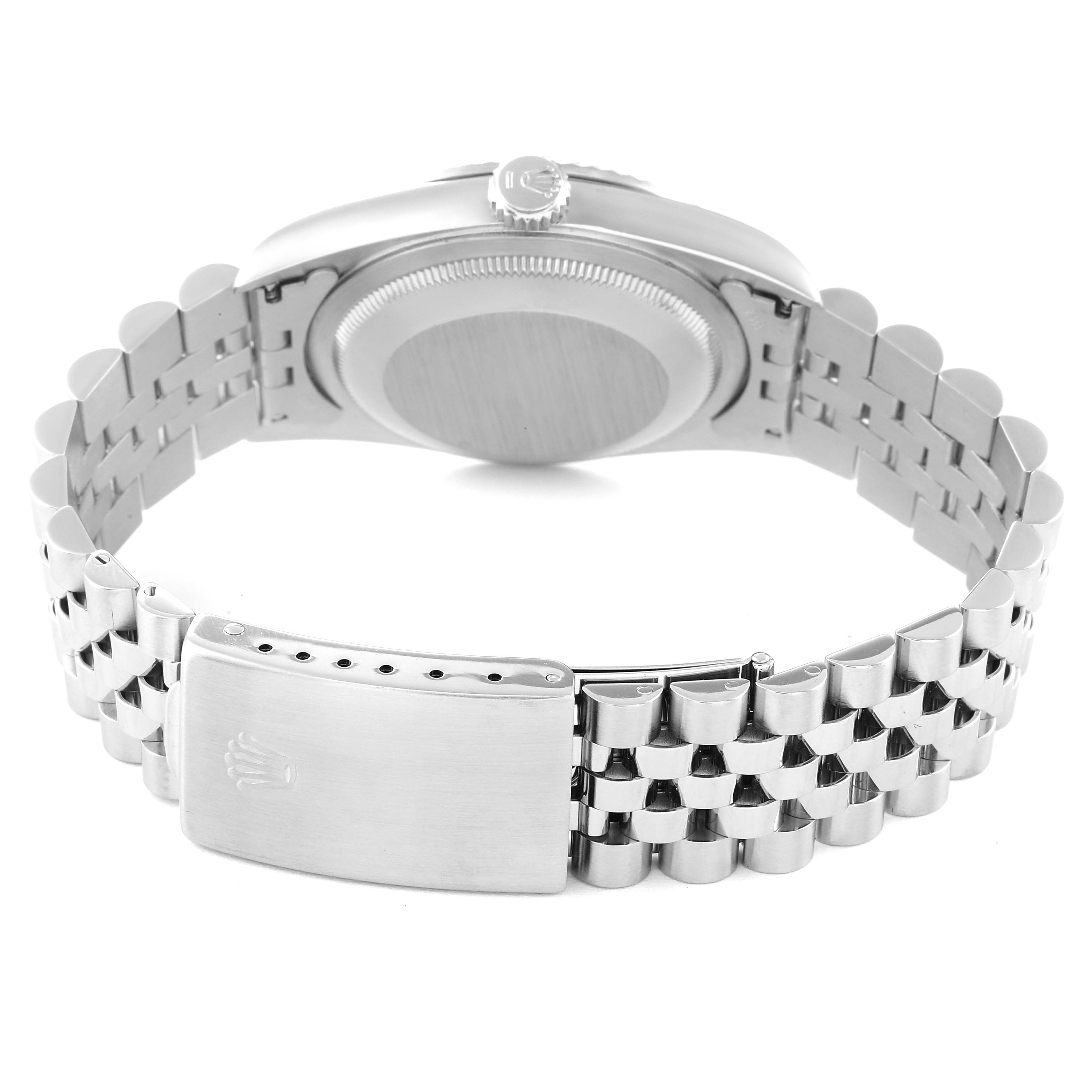 This image shows the back view of a Rolex Datejust 16234 Men's Stainless Steel Silver Dial 16234 Men's Stainless Steel Silver Dial watch, focusing on the clasp and bracelet.