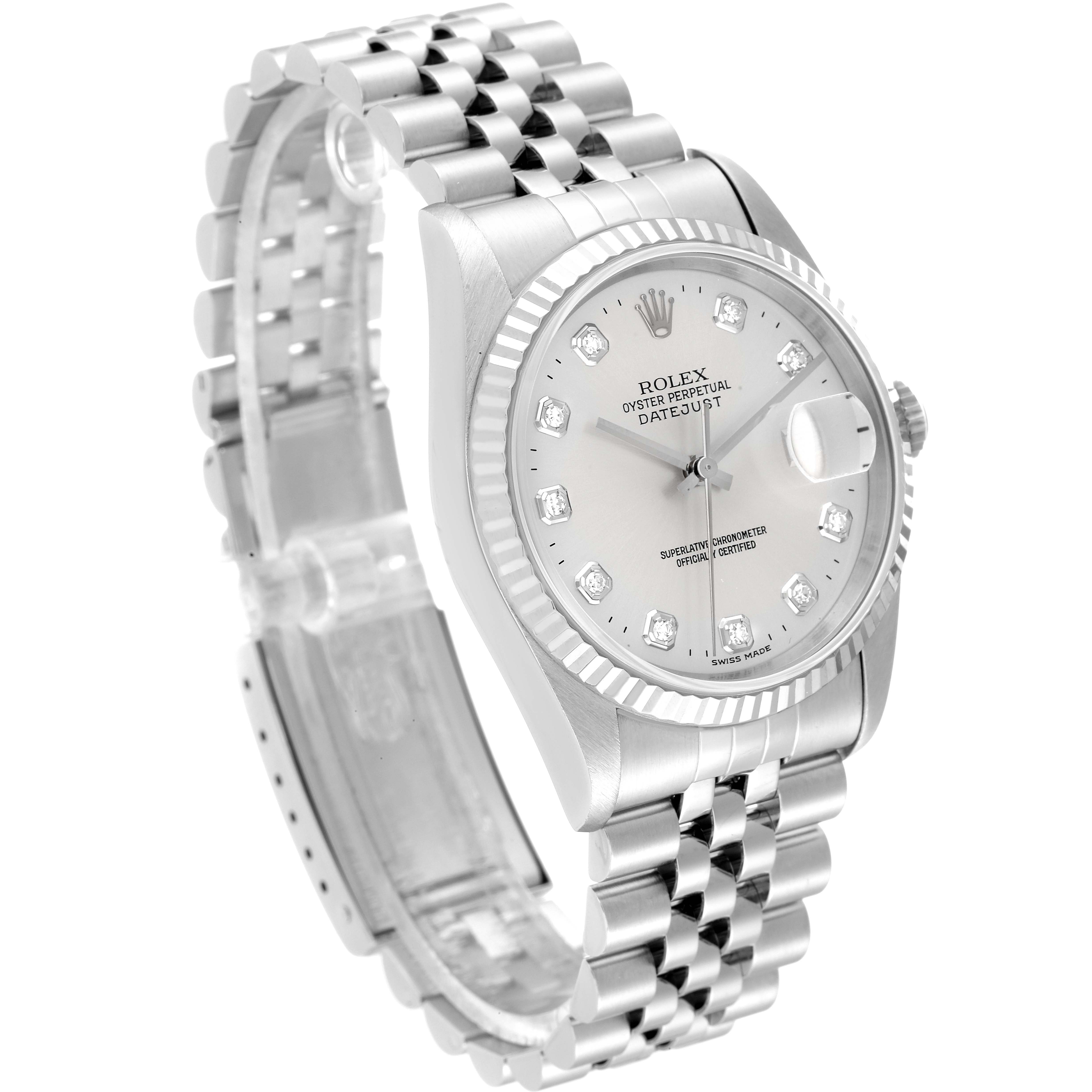 The Rolex Datejust 16234 Men's Stainless Steel Silver Dial 16234 Men's Stainless Steel Silver Dial watch is shown at a three-quarter angle, highlighting the face, bezel, and bracelet.