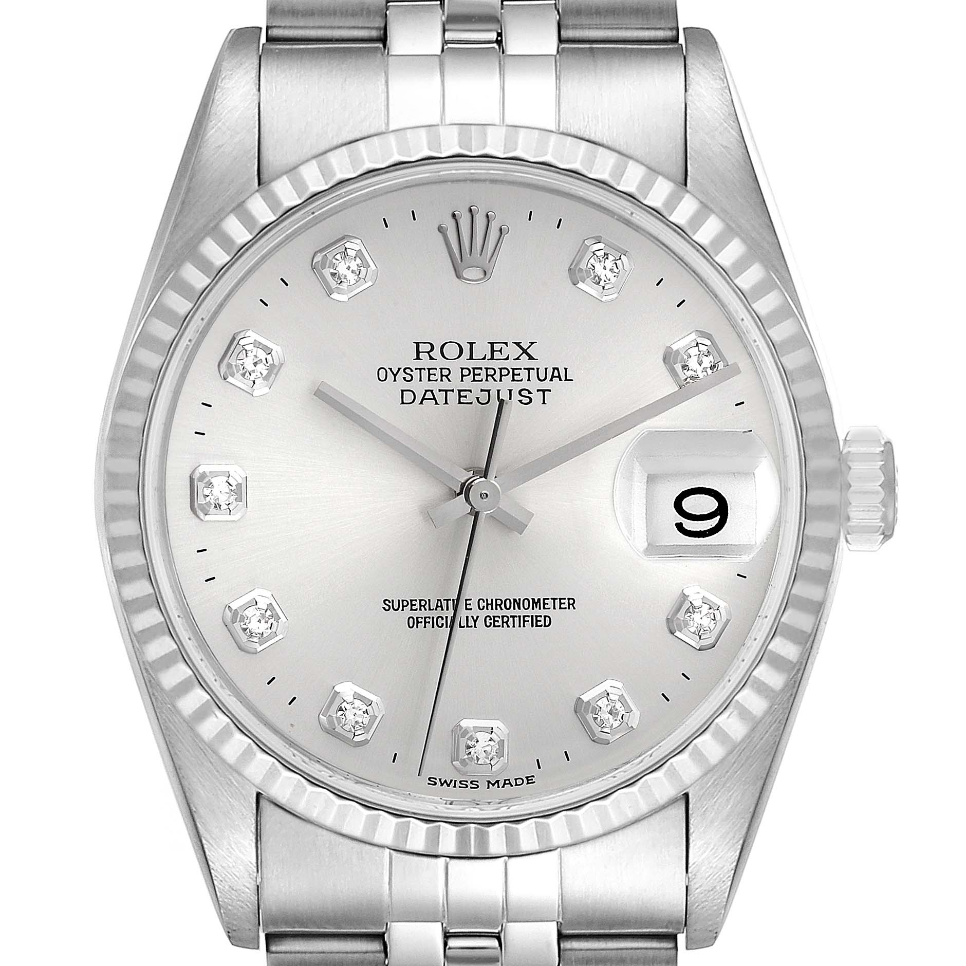 The image shows a close-up of the Rolex Datejust 16234 Men's Stainless Steel Silver Dial 16234 Men's Stainless Steel Silver Dial watch, including the dial, bezel, case, and part of the bracelet.