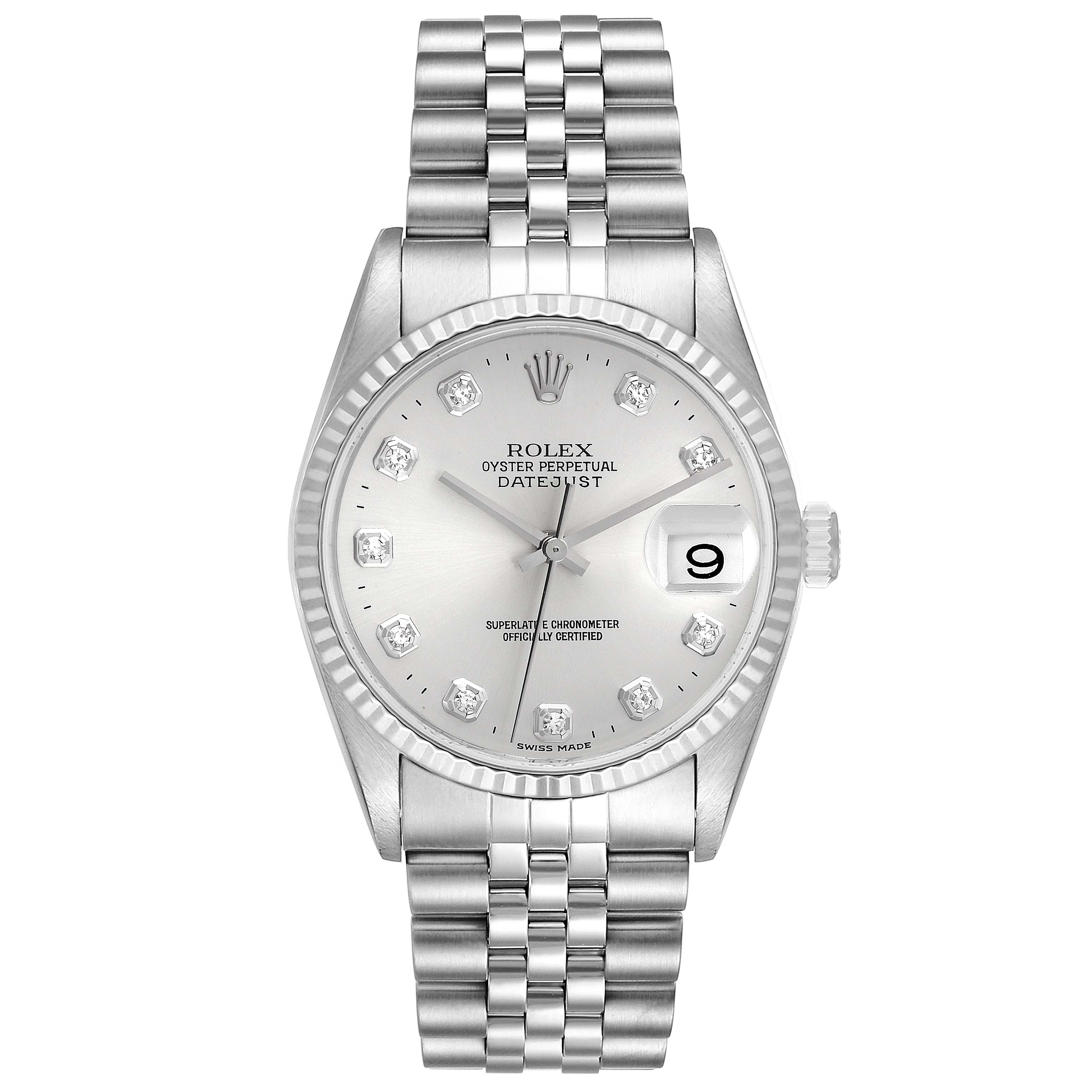 This image shows a front view of the Rolex Datejust 16234 Men's Stainless Steel Silver Dial 16234 Men's Stainless Steel Silver Dial watch, displaying its fluted bezel, silver dial, date window, and Jubilee bracelet.