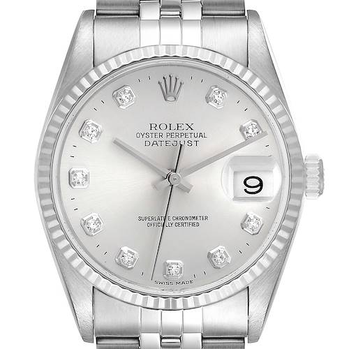 This image shows a front view of the Rolex Datejust model, highlighting its dial, bezel, and partial bracelet.