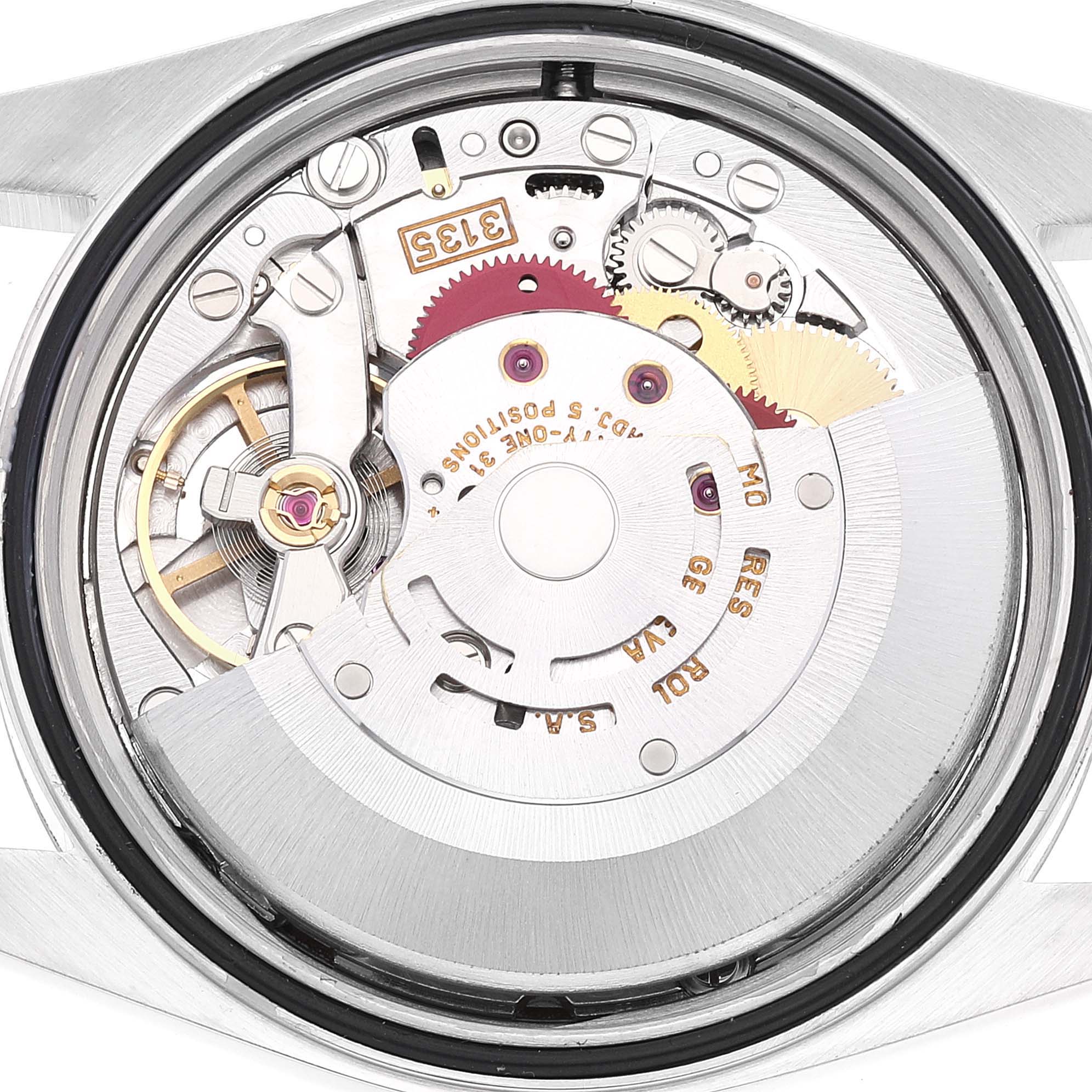 This image shows the internal movement mechanism of a Rolex Datejust 16234 Men's Stainless Steel Silver Dial 16234 Men's Stainless Steel Silver Dial watch from a back angle.