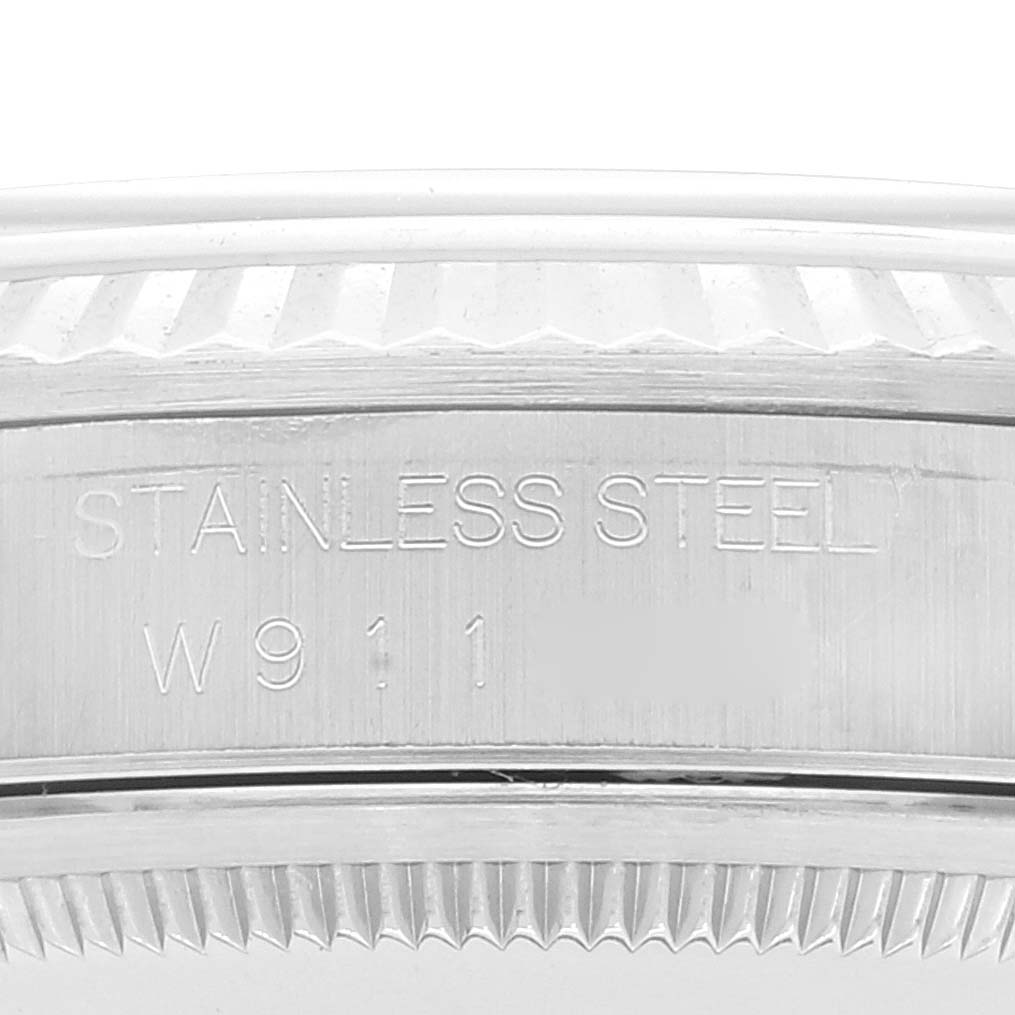 This image shows a close-up view of the side of a Rolex Datejust 16234 Men's Stainless Steel Silver Dial 16234 Men's Stainless Steel Silver Dial, highlighting the stainless steel casing and engravings.