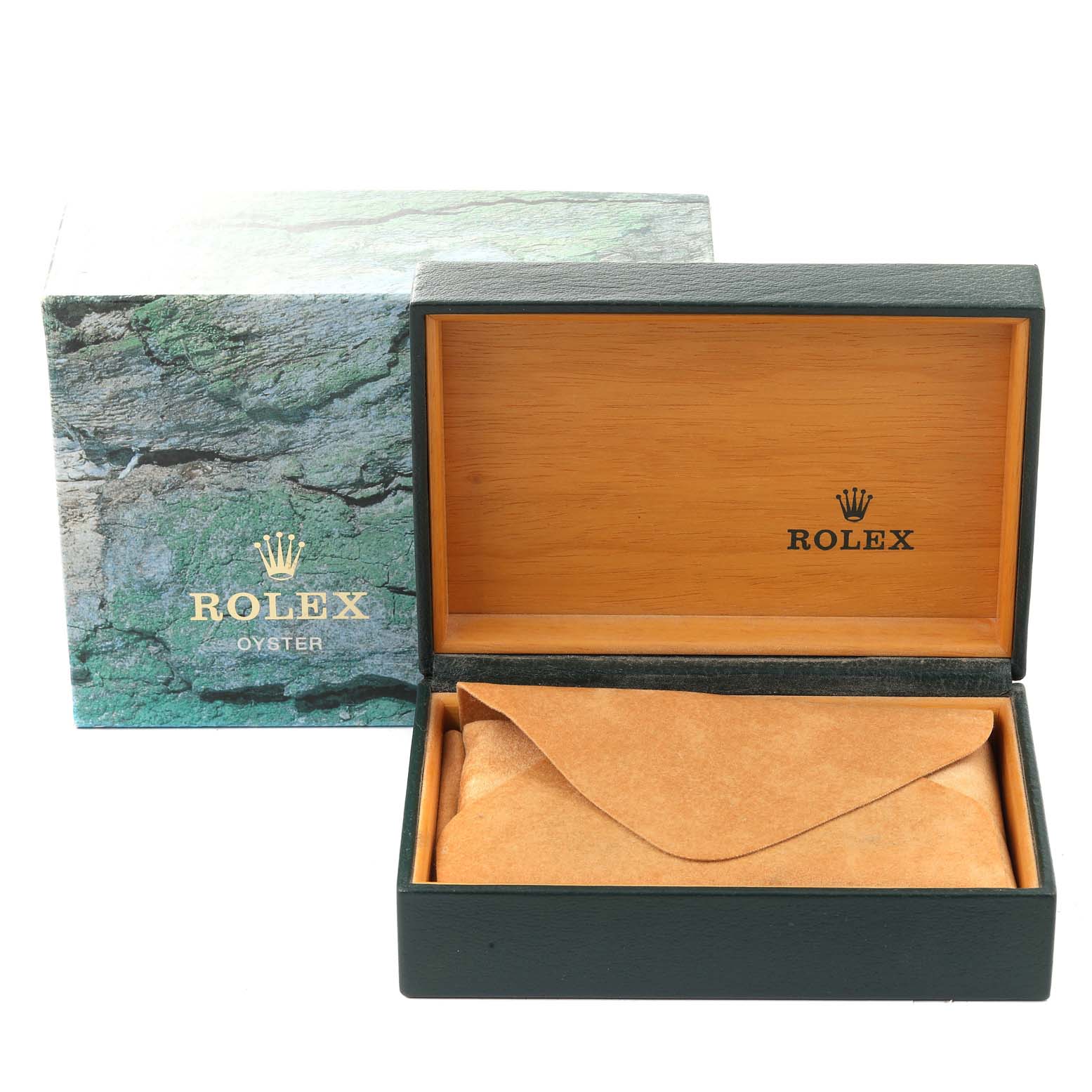 The image shows an open Rolex Datejust 16234 Men's Stainless Steel Silver Dial 16234 Men's Stainless Steel Silver Dial watch box and pouch, with a closed outer box in the background.