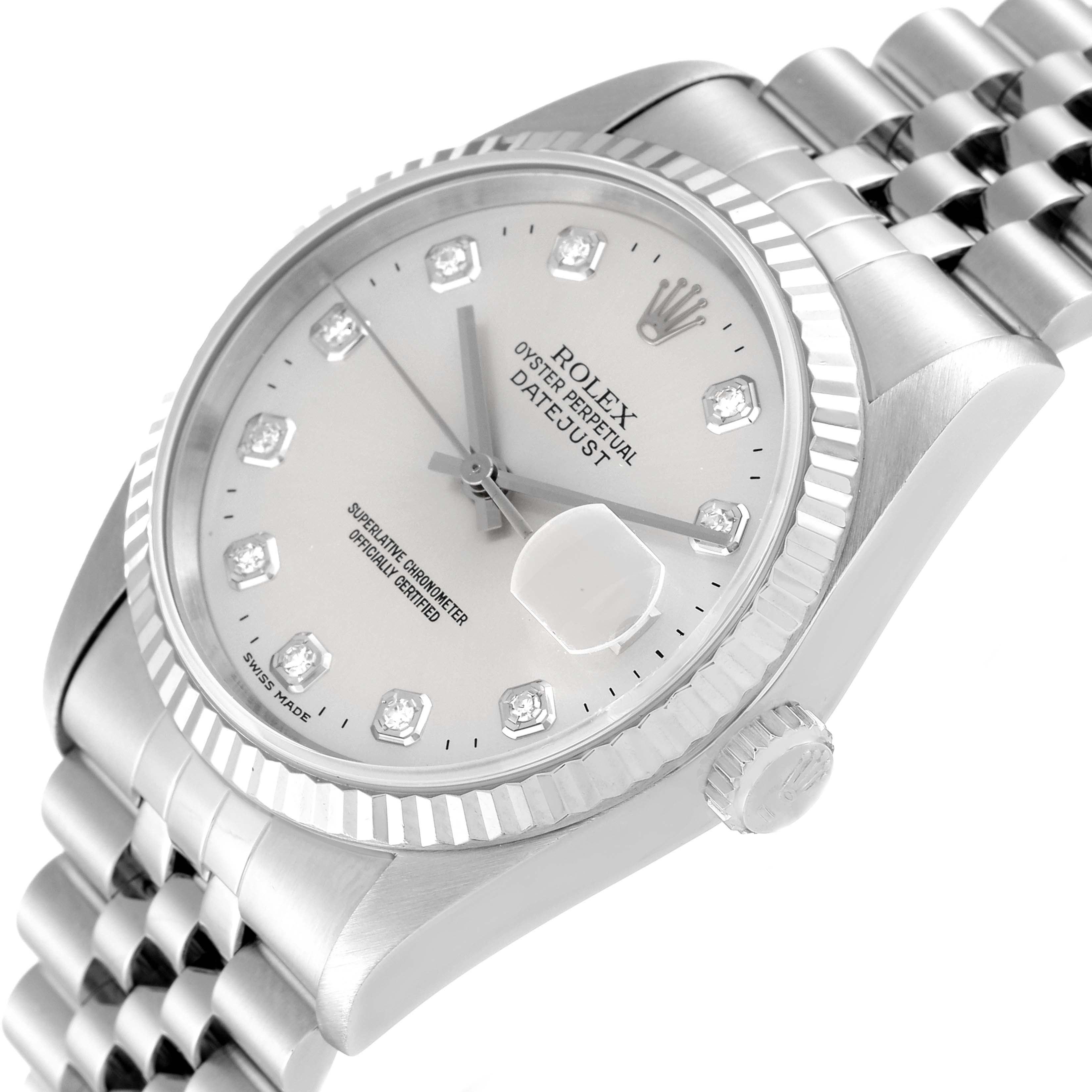 The image shows a close-up angled view of the Rolex Datejust 16234 Men's Stainless Steel Silver Dial 16234 Men's Stainless Steel Silver Dial watch, highlighting its face, bezel, bracelet, and crown.