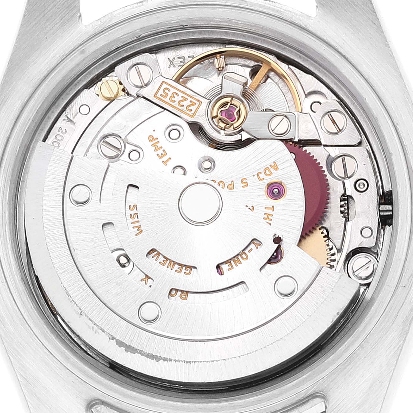 This is a close-up view of the movement inside a Rolex Datejust 179174 Women's Stainless Steel White Dial 179174 Women's Stainless Steel White Dial watch, showing its intricate mechanical components.