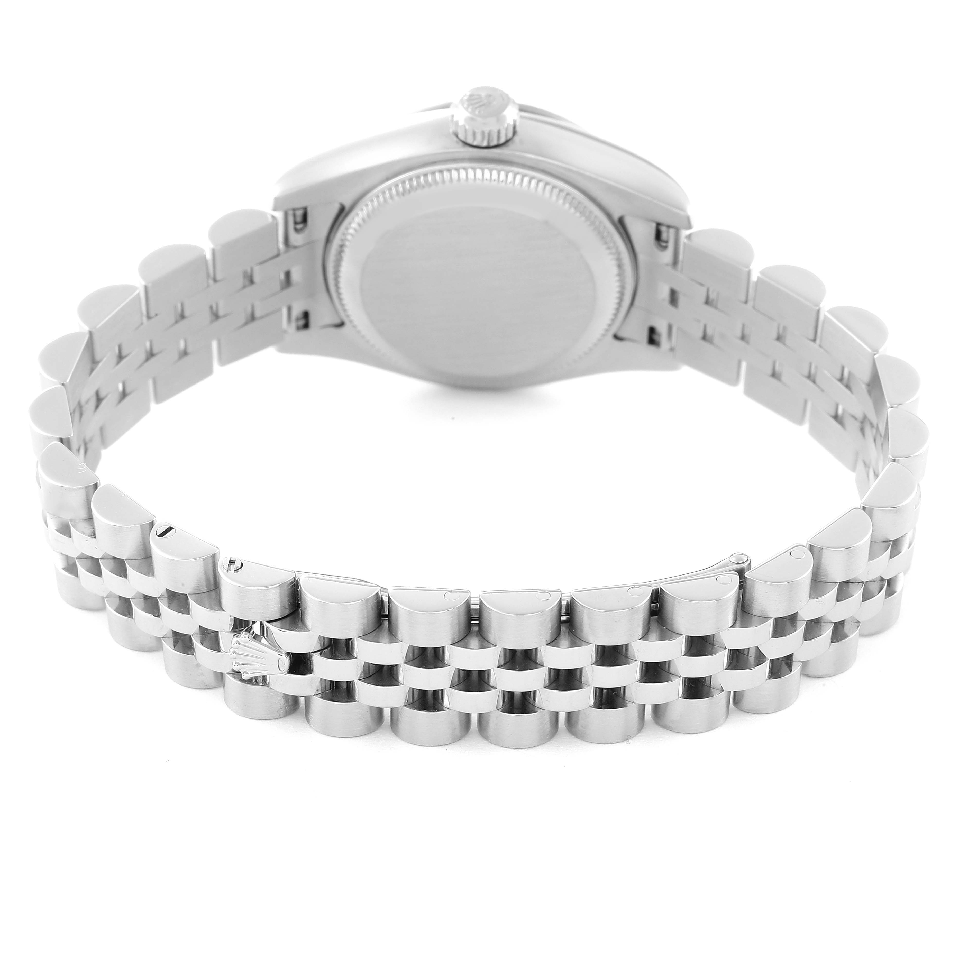 This image shows the back of the Rolex Datejust 179174 Women's Stainless Steel White Dial 179174 Women's Stainless Steel White Dial watch, focusing on the case back, bracelet, and clasp at a rear angle.