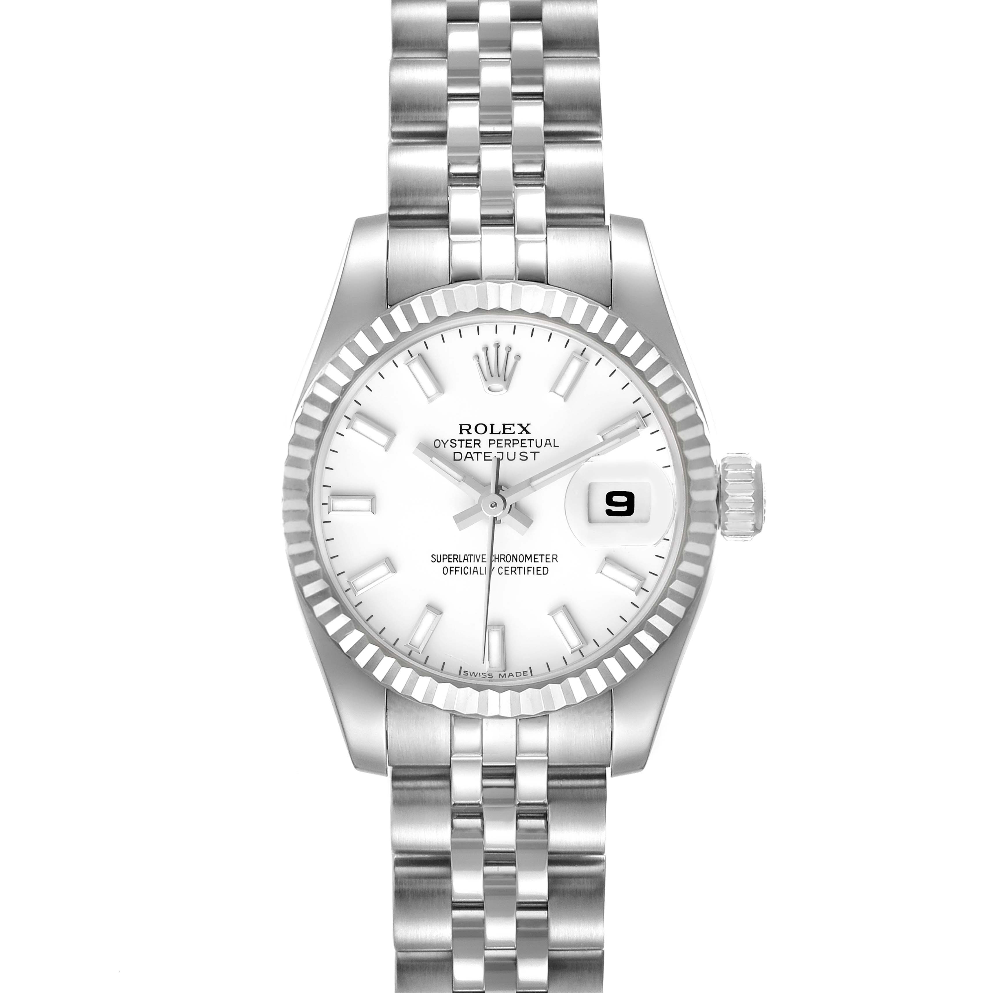 The image shows a front view of a Rolex Datejust 179174 Women's Stainless Steel White Dial 179174 Women's Stainless Steel White Dial watch, including its dial, bracelet, and crown.