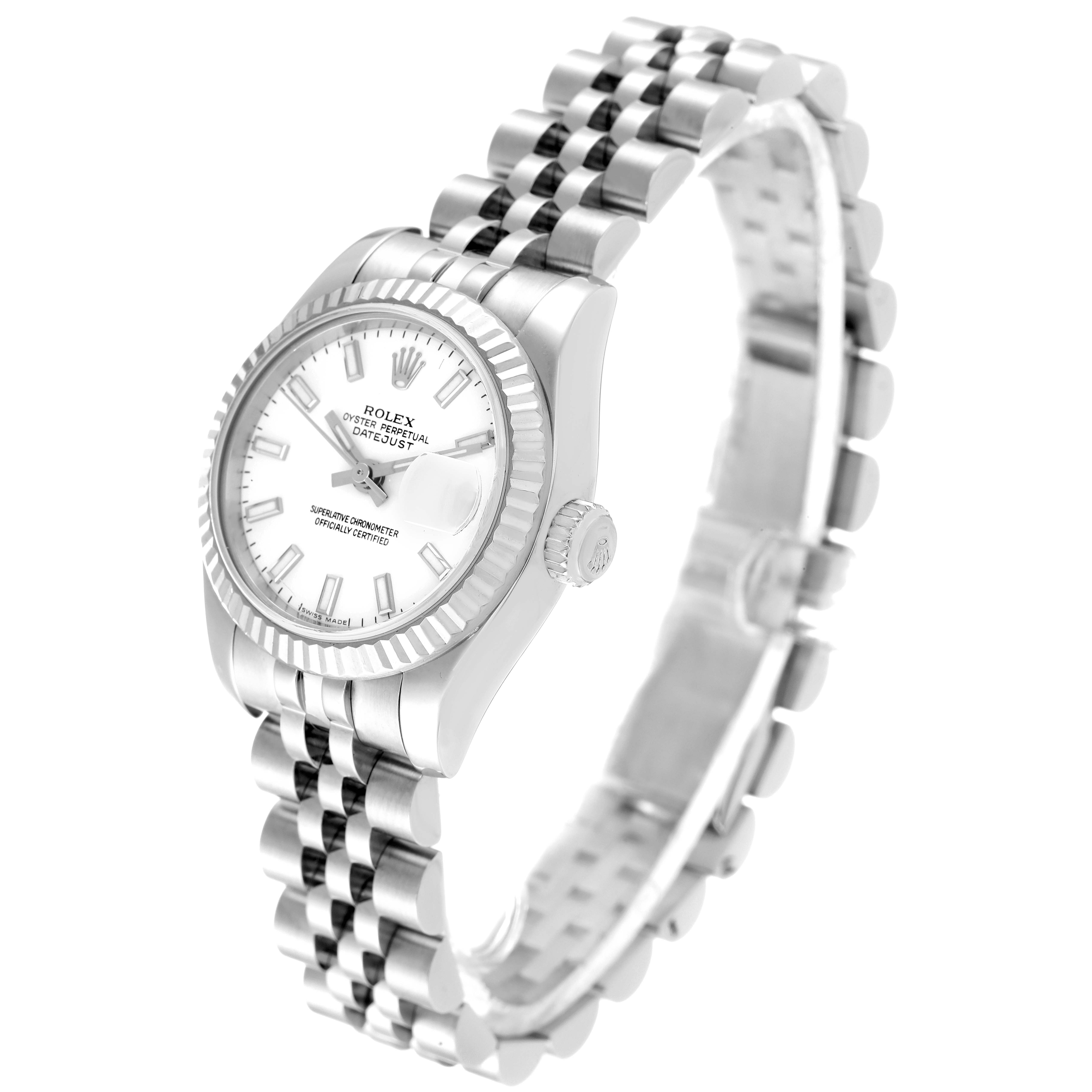 The image shows a Rolex Datejust 179174 Women's Stainless Steel White Dial 179174 Women's Stainless Steel White Dial model watch viewed from an angled perspective, highlighting its face, bezel, and bracelet.