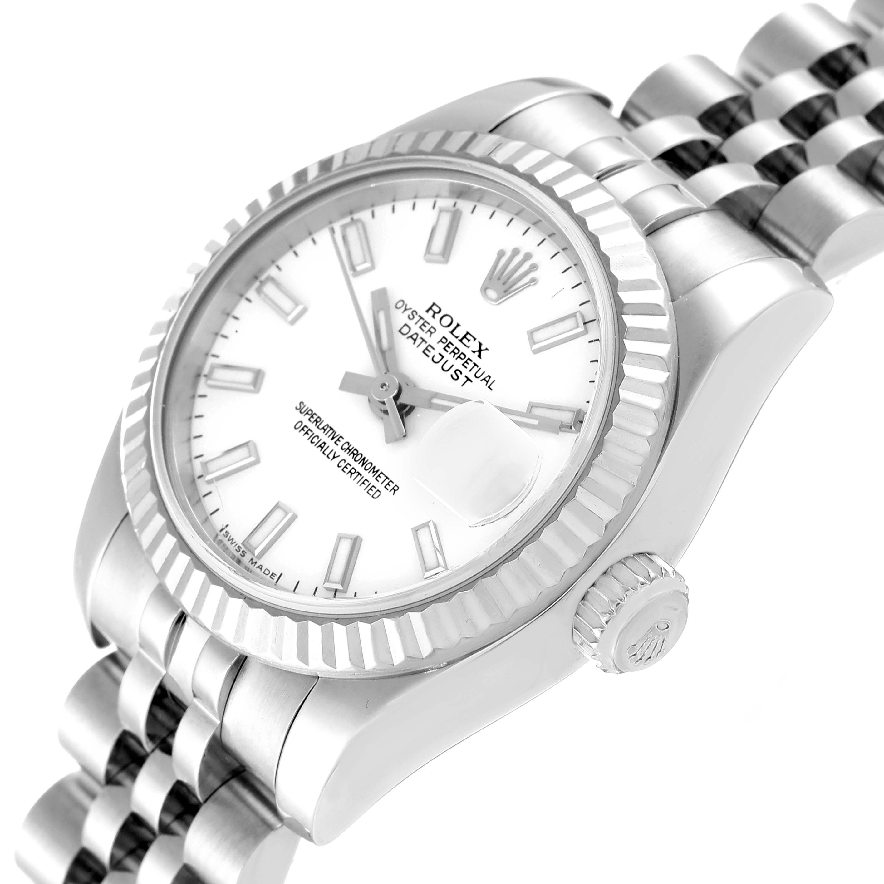 The image shows the face, bezel, and part of the bracelet of a Rolex Datejust 179174 Women's Stainless Steel White Dial 179174 Women's Stainless Steel White Dial watch at a tilted angle.