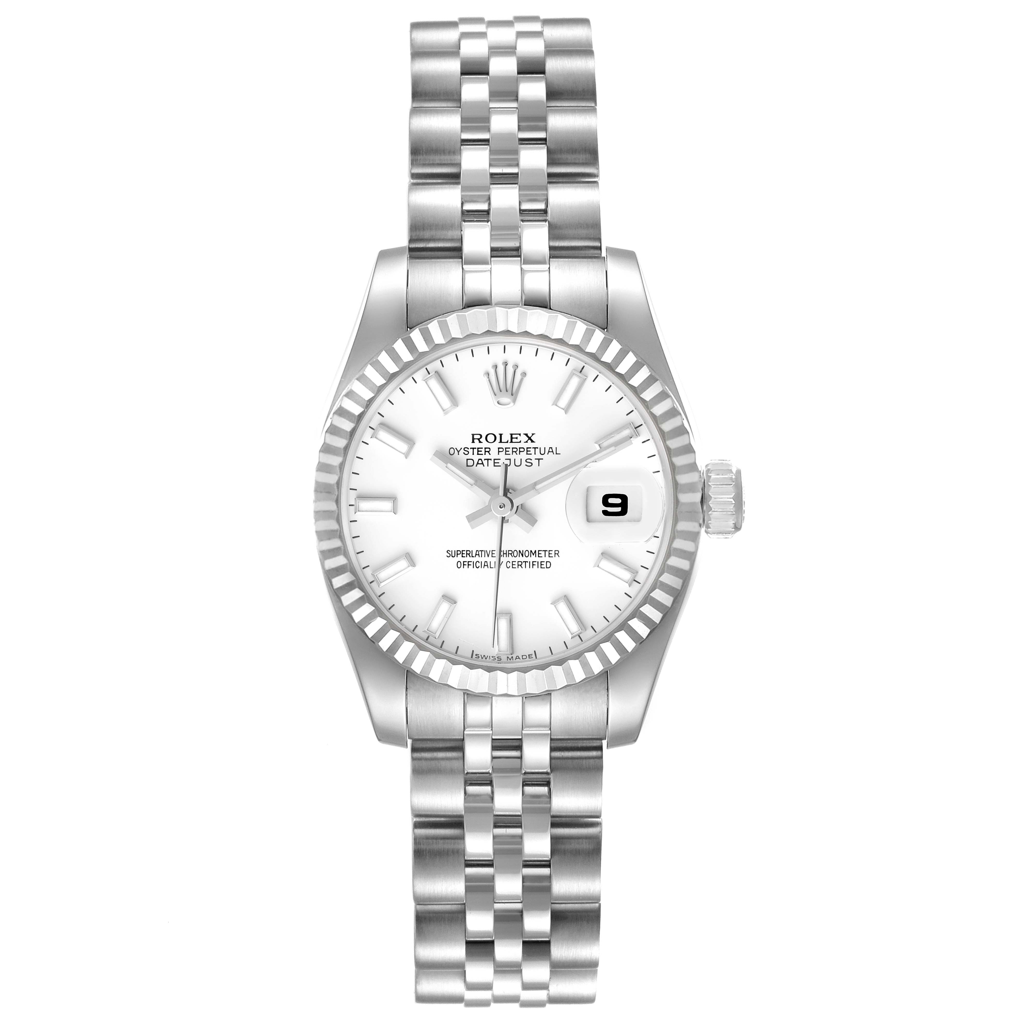 The image shows a front view of a Rolex Datejust 179174 Women's Stainless Steel White Dial 179174 Women's Stainless Steel White Dial watch, highlighting its dial, bracelet, and date window.