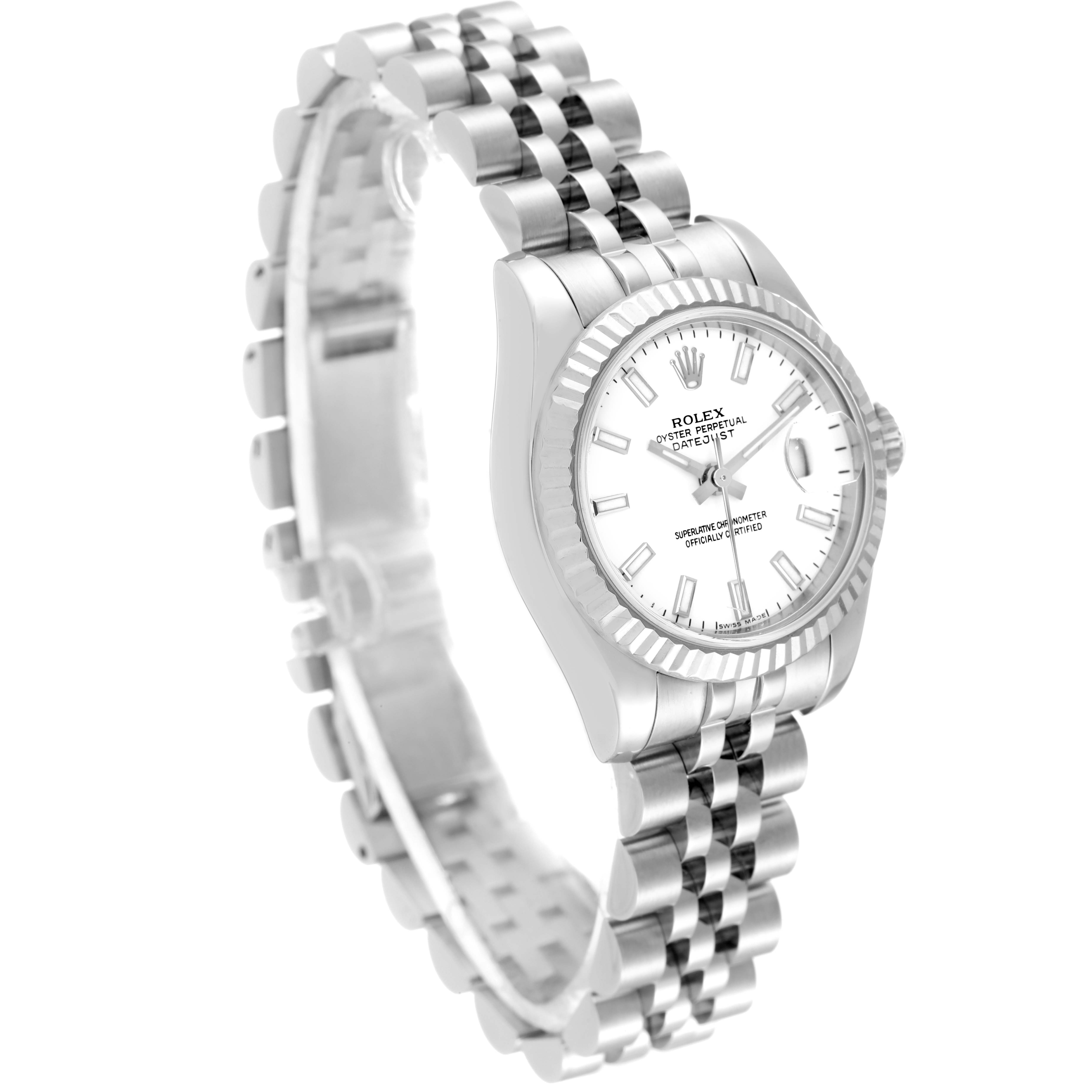 The image shows a side angle of the Rolex Datejust 179174 Women's Stainless Steel White Dial 179174 Women's Stainless Steel White Dial watch, highlighting the face, bezel, and jubilee bracelet.