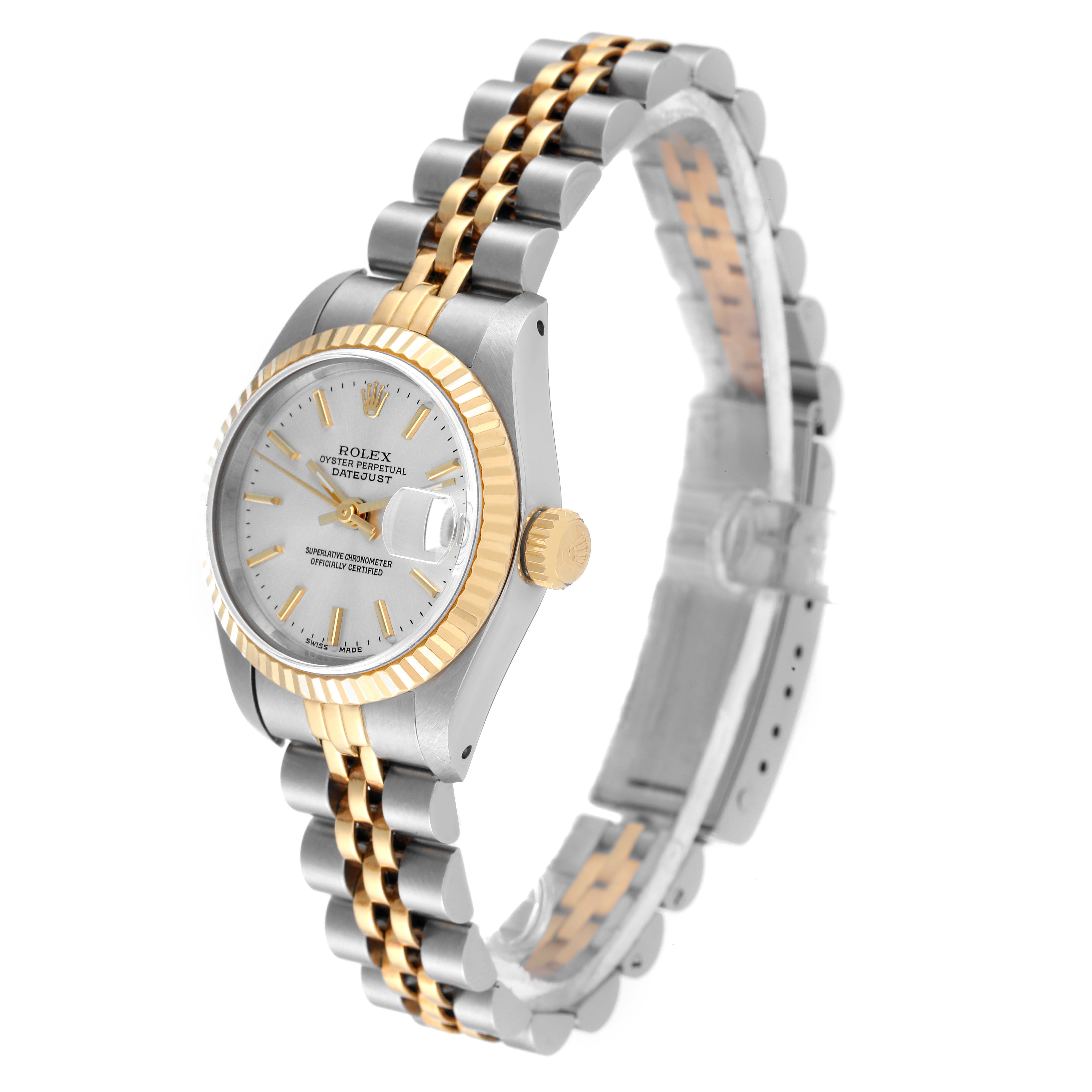 The image shows a side angle of a Rolex Datejust 69173 Women's Steel and Gold (two tone) Silver Dial 69173 Women's Steel and Gold (two tone) Silver Dial watch, displaying its case, bezel, dial, bracelet, and crown.